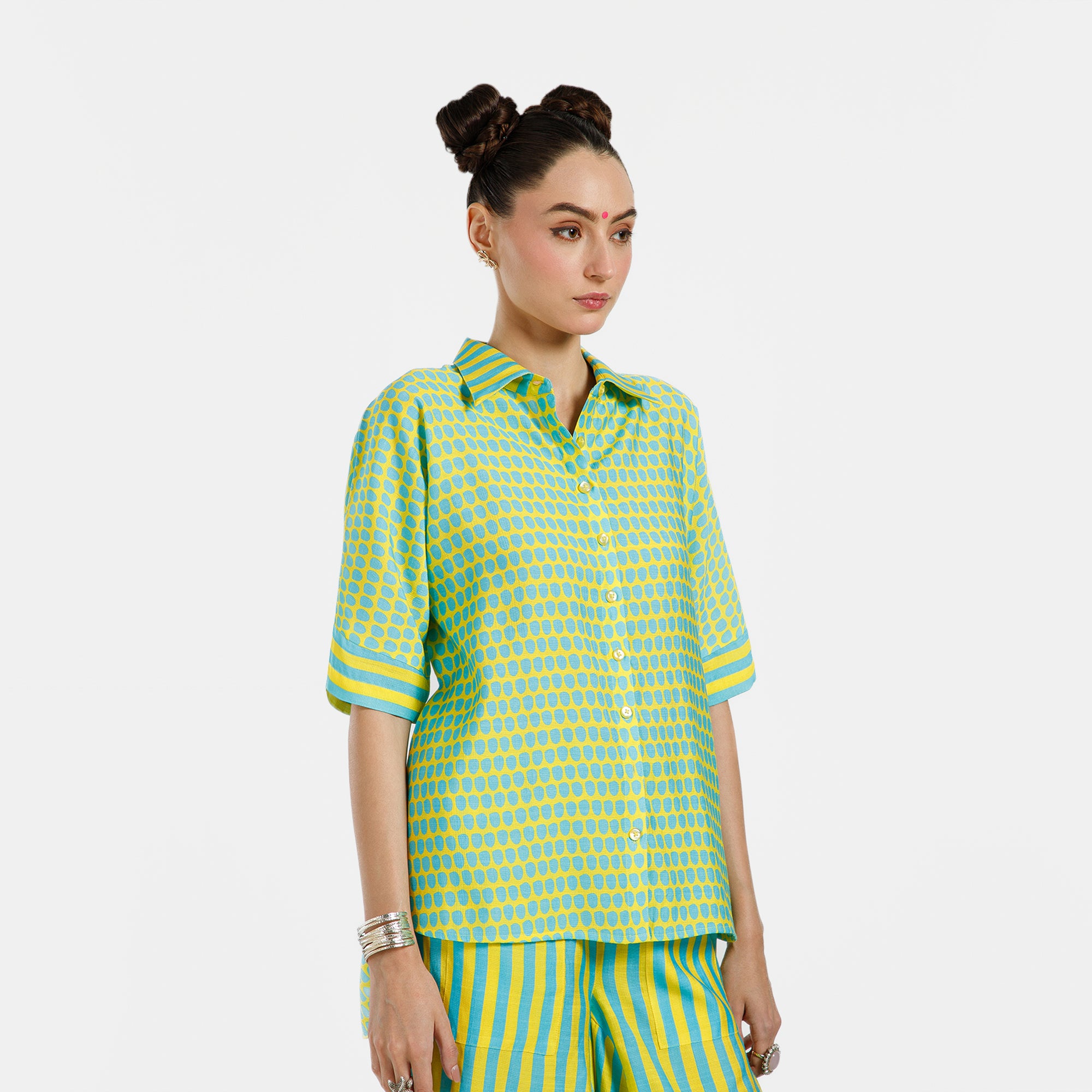 Blue And Yellow Drop Print Viscose Shirt