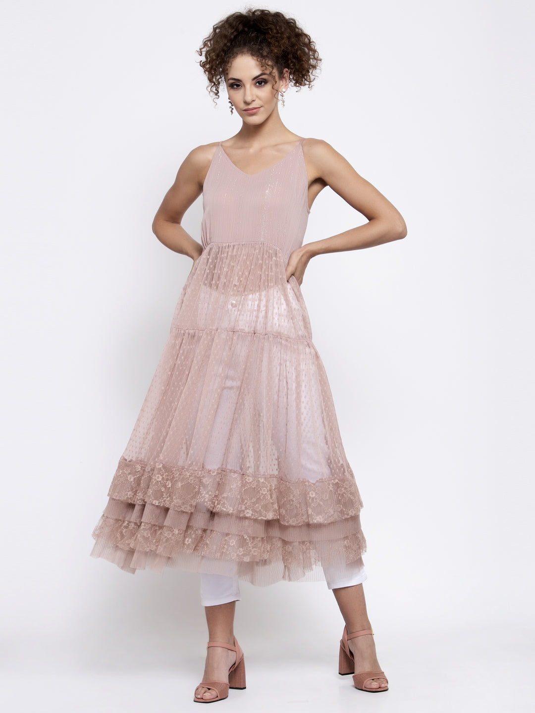 Pink Dotted Net Dress With Frill