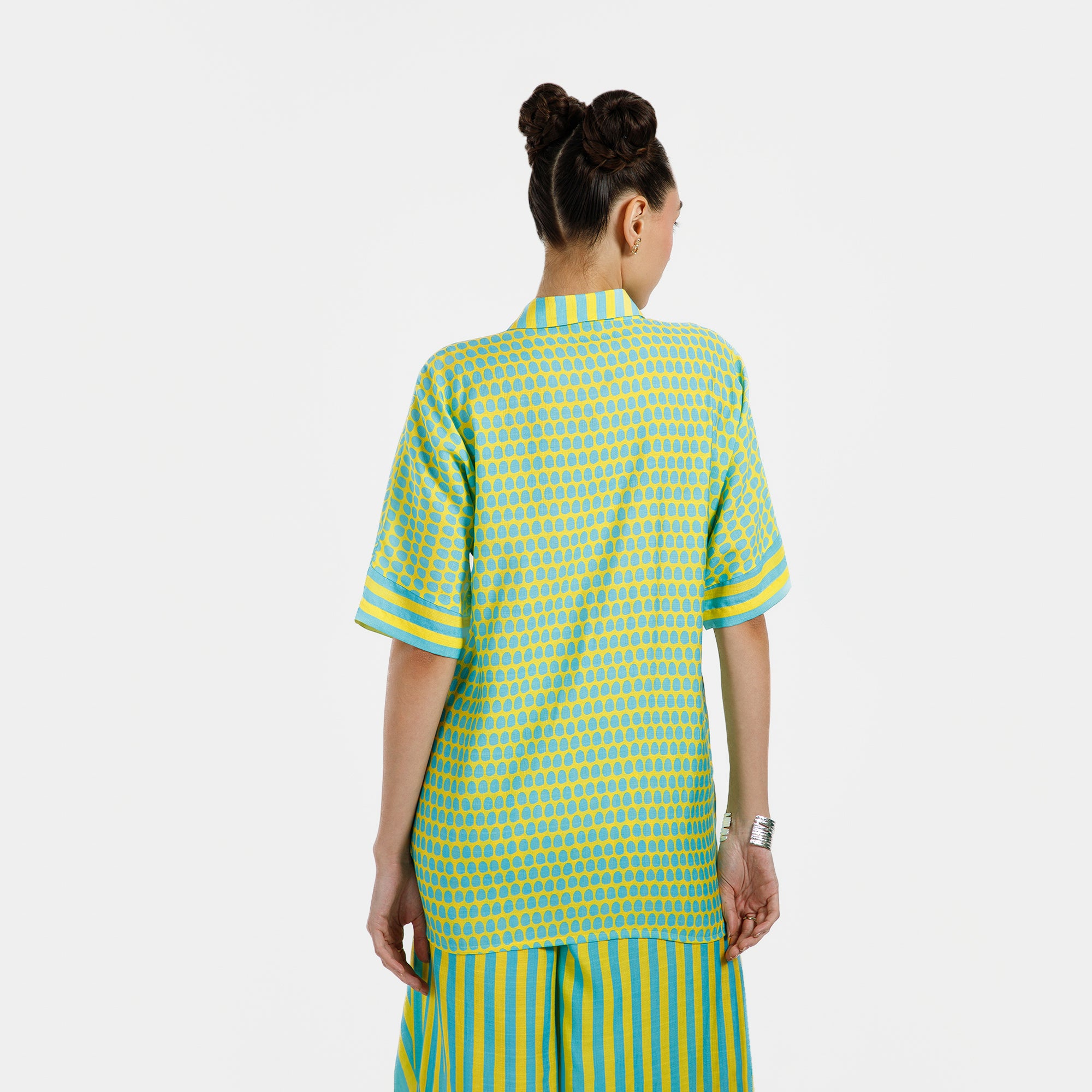 Blue And Yellow Drop Print Viscose Shirt