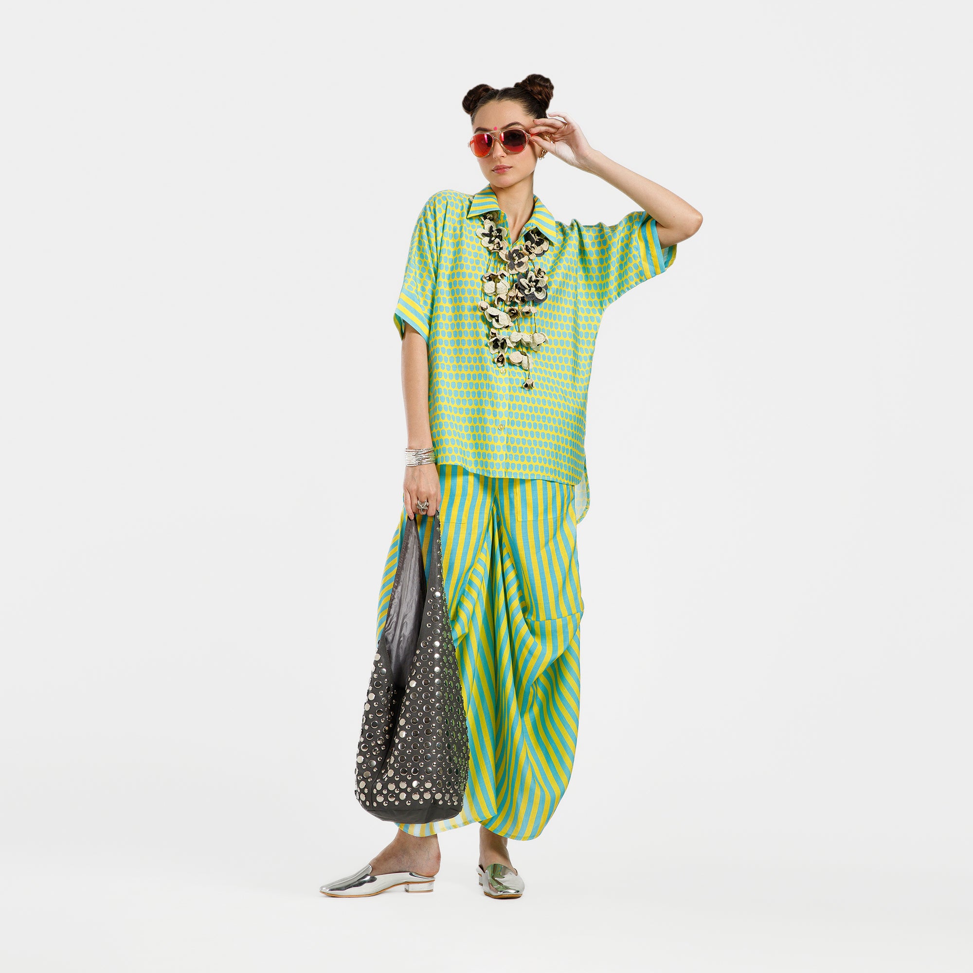 Blue And Yellow Drop Print Viscose Shirt