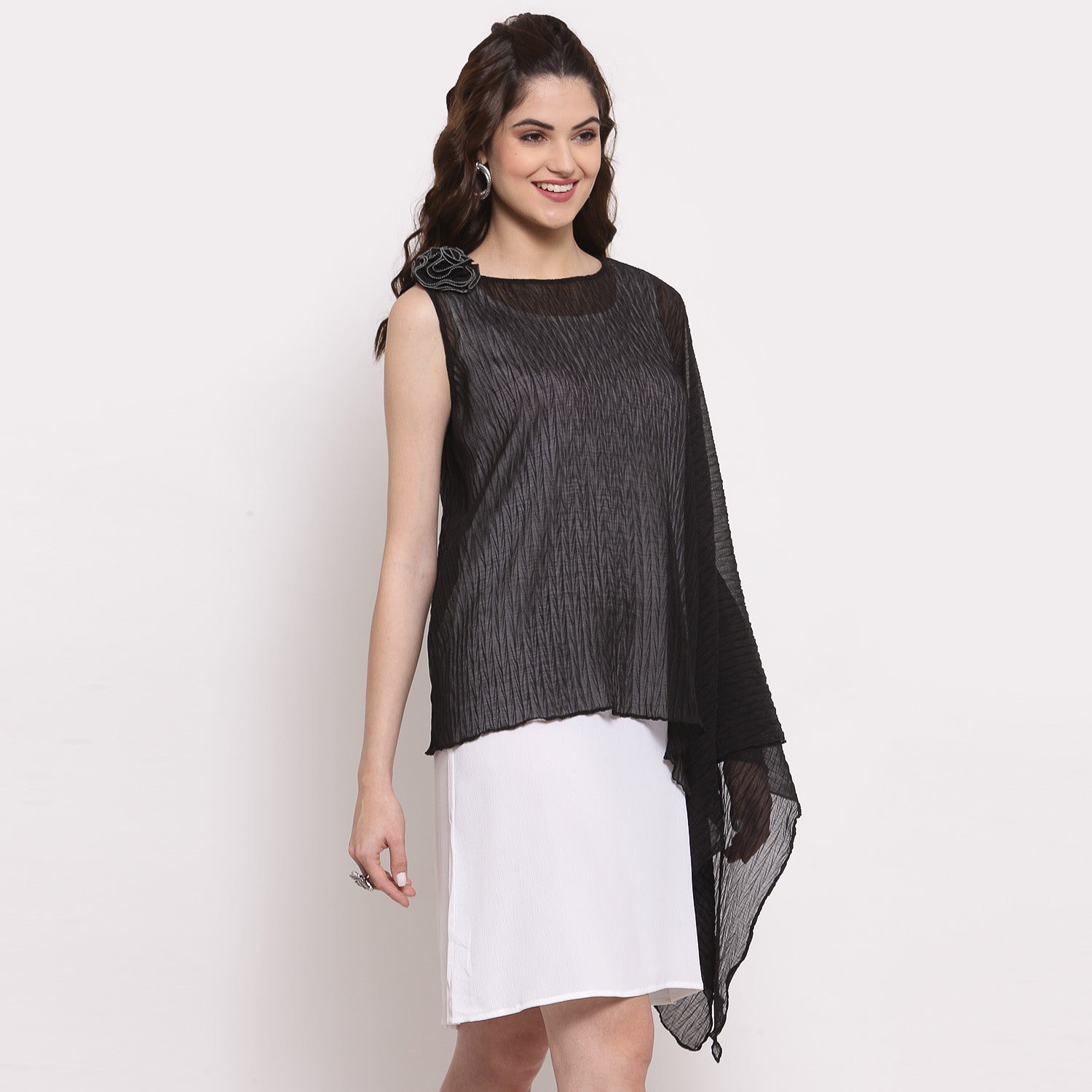 Black Chiffon Plisse Asymmetric Top