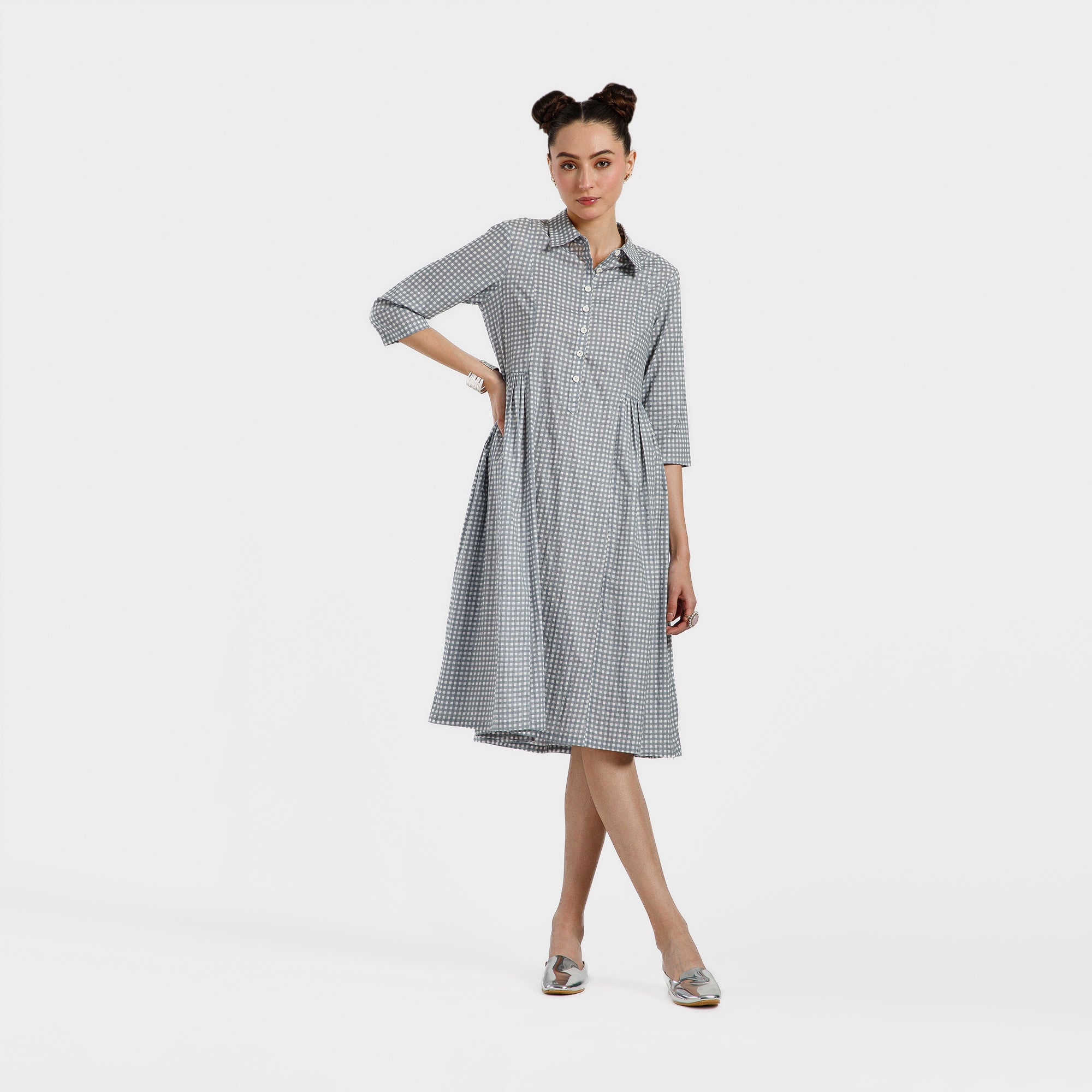 Grey And White Check Printed Cotton Dress