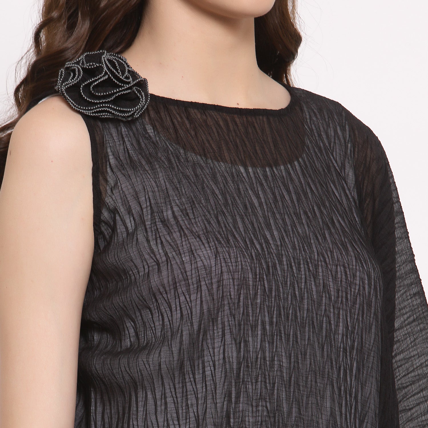 Black Chiffon Plisse Asymmetric Top