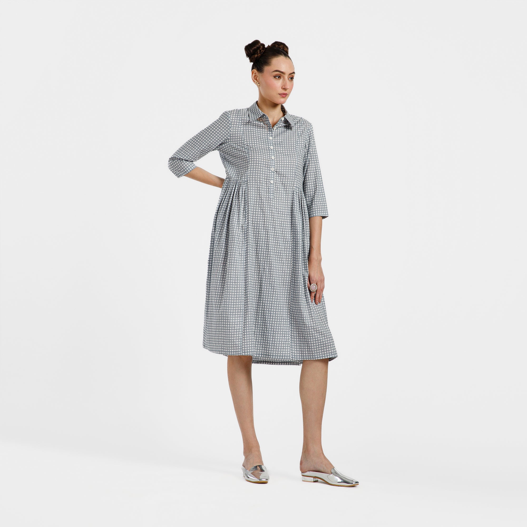 Grey And White Check Printed Cotton Dress