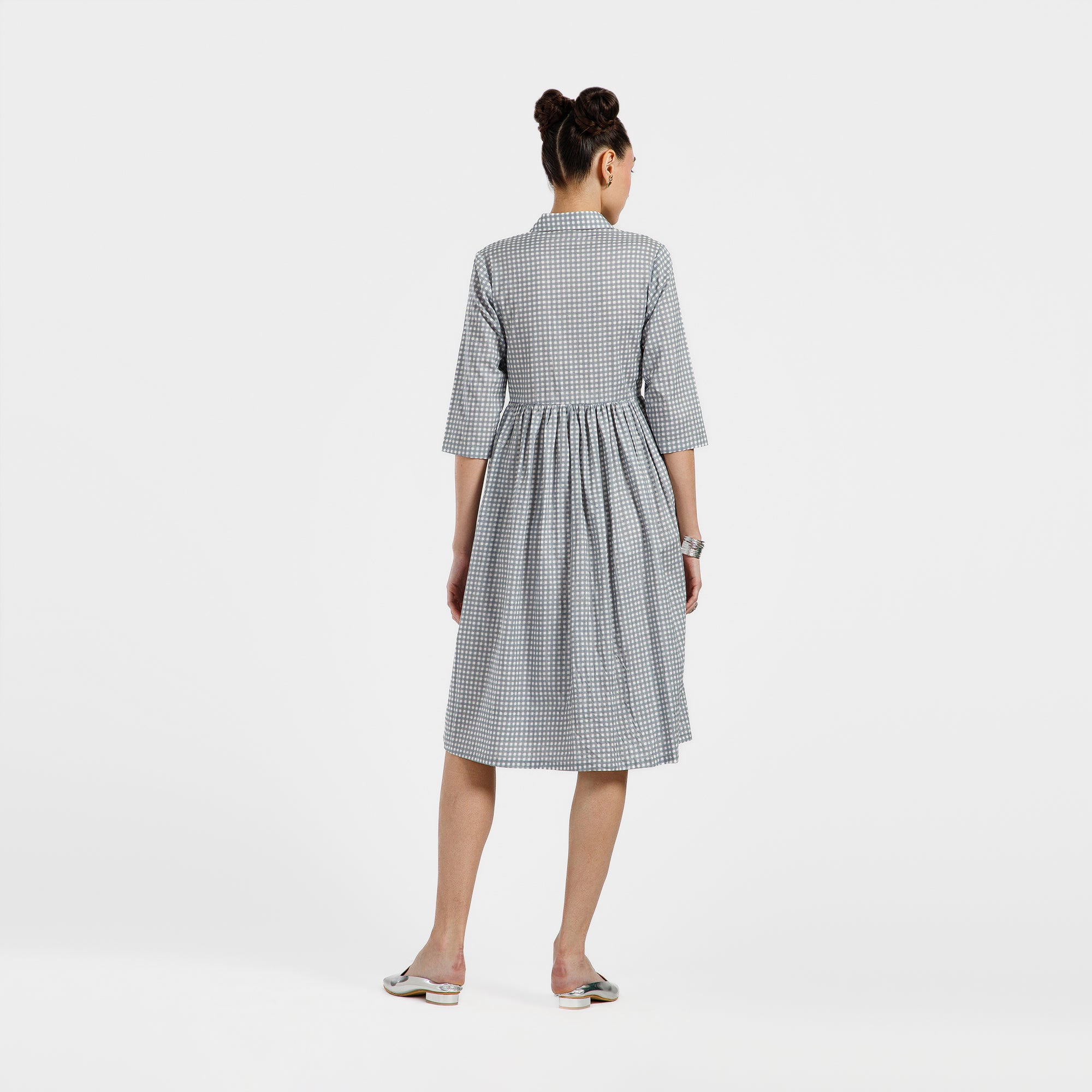 Grey And White Check Printed Cotton Dress