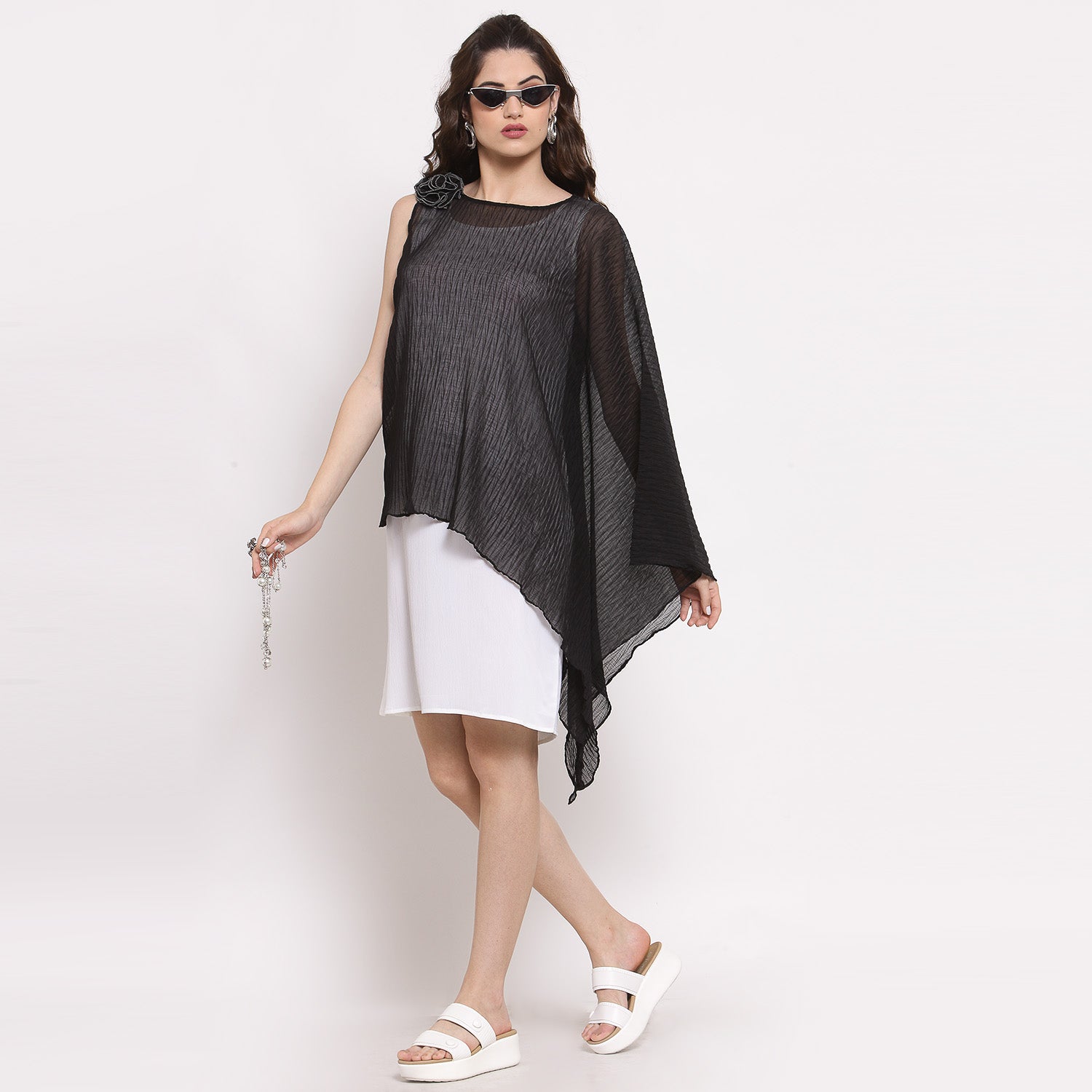 Black Chiffon Plisse Asymmetric Top