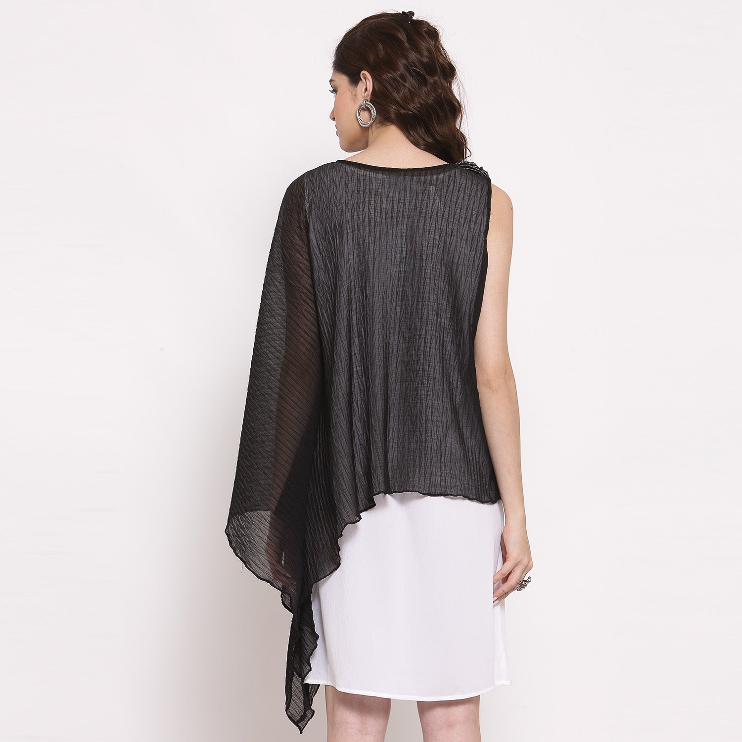 Black Chiffon Plisse Asymmetric Top