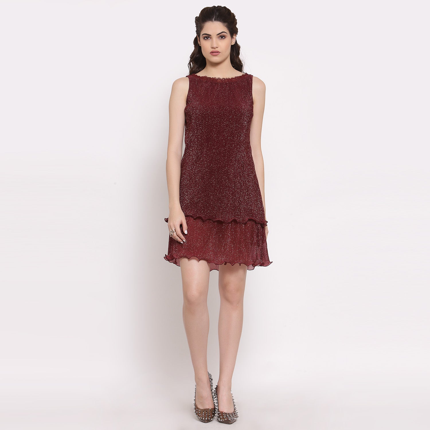 Maroon Plisse Double Layered Dress