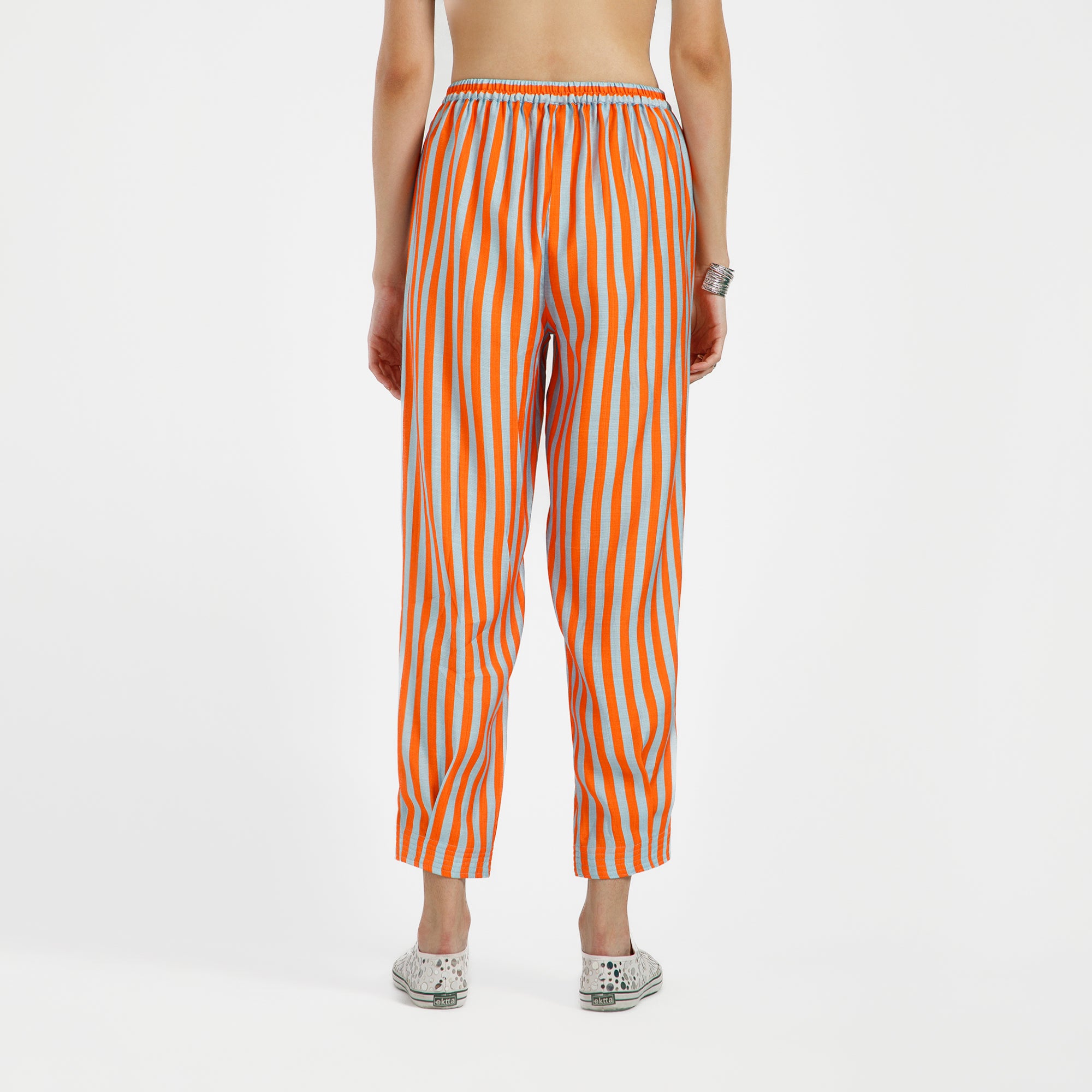 Orange And Blue Line Print Viscose Pleated Plazzo