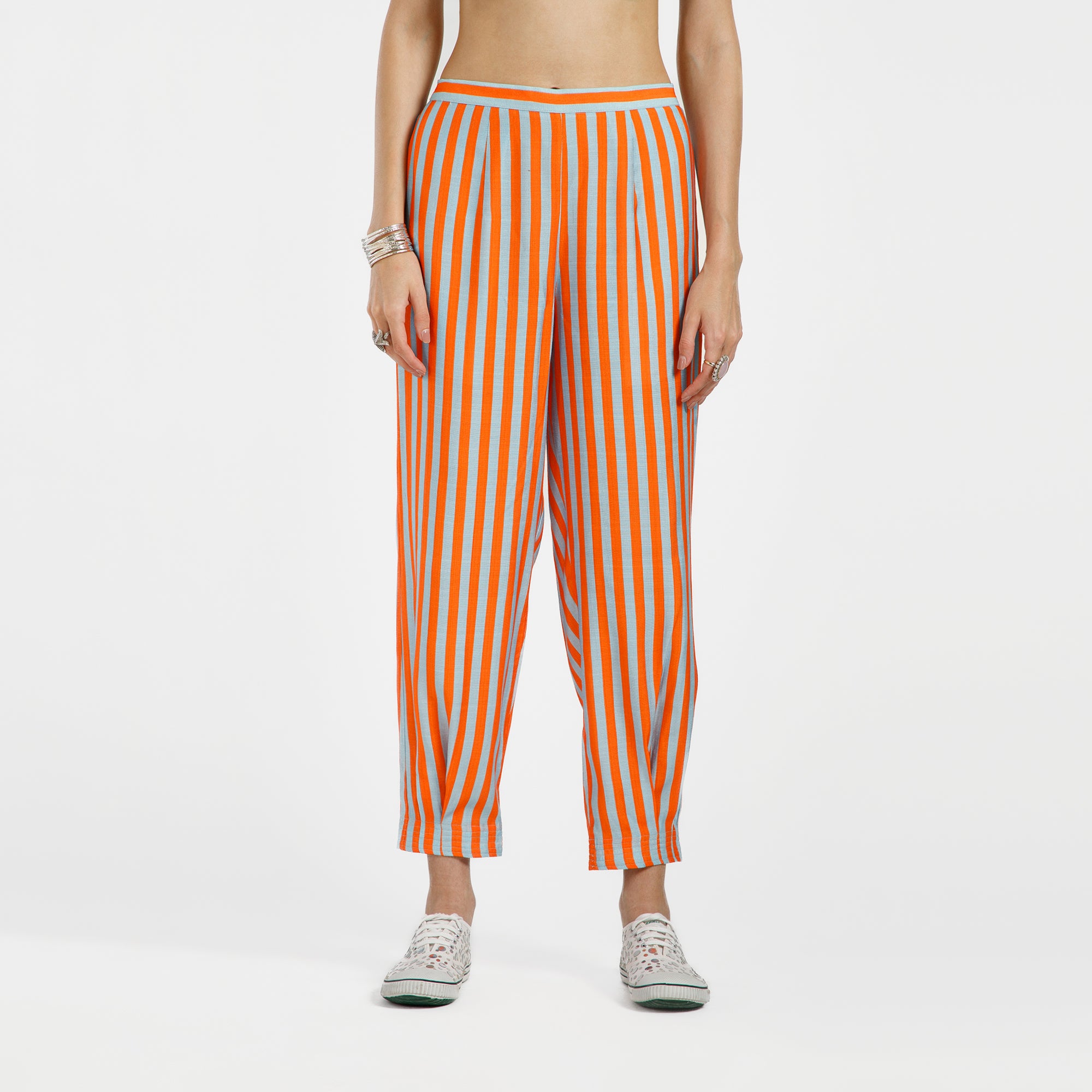 Orange And Blue Line Print Viscose Pleated Plazzo
