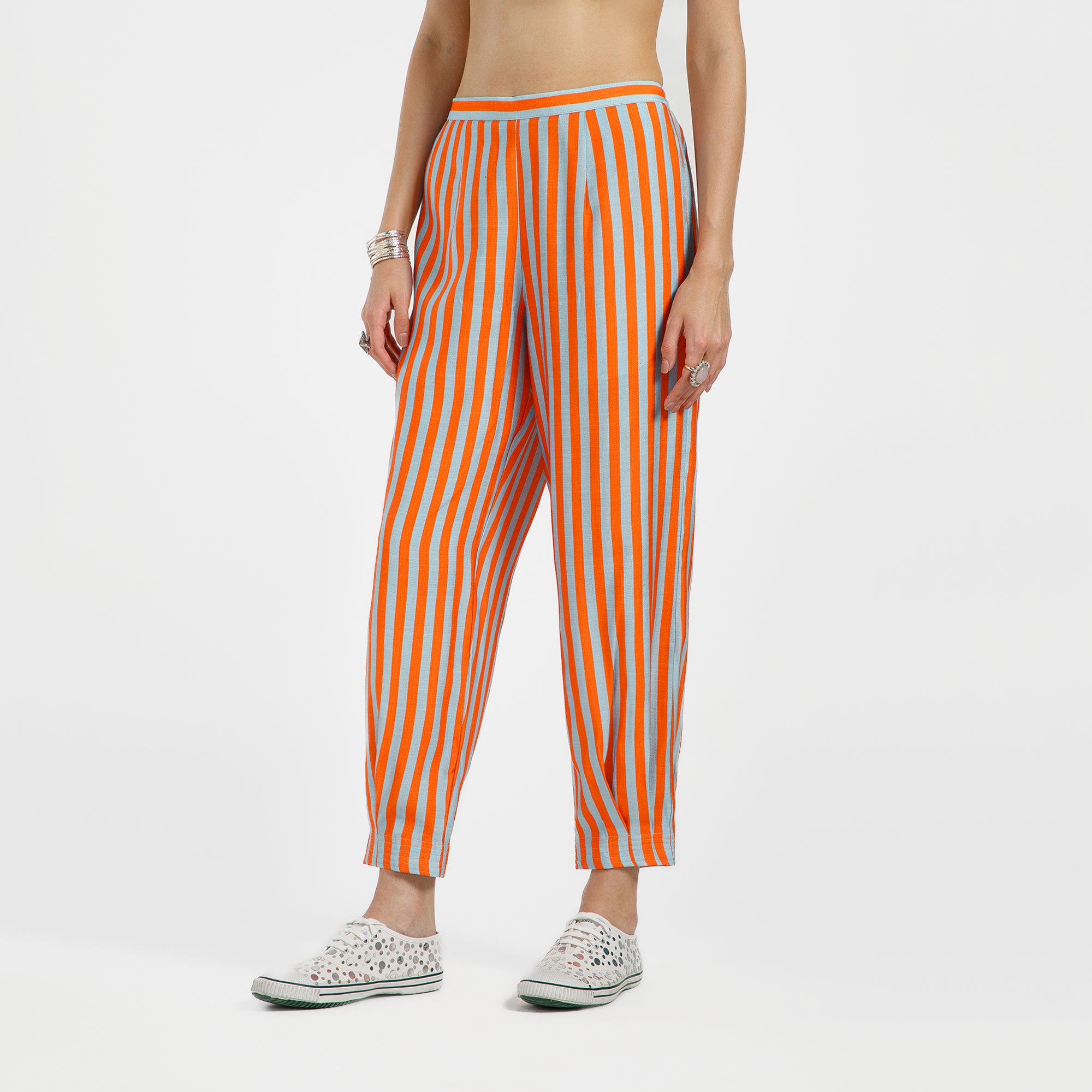 Orange And Blue Line Print Viscose Pleated Plazzo