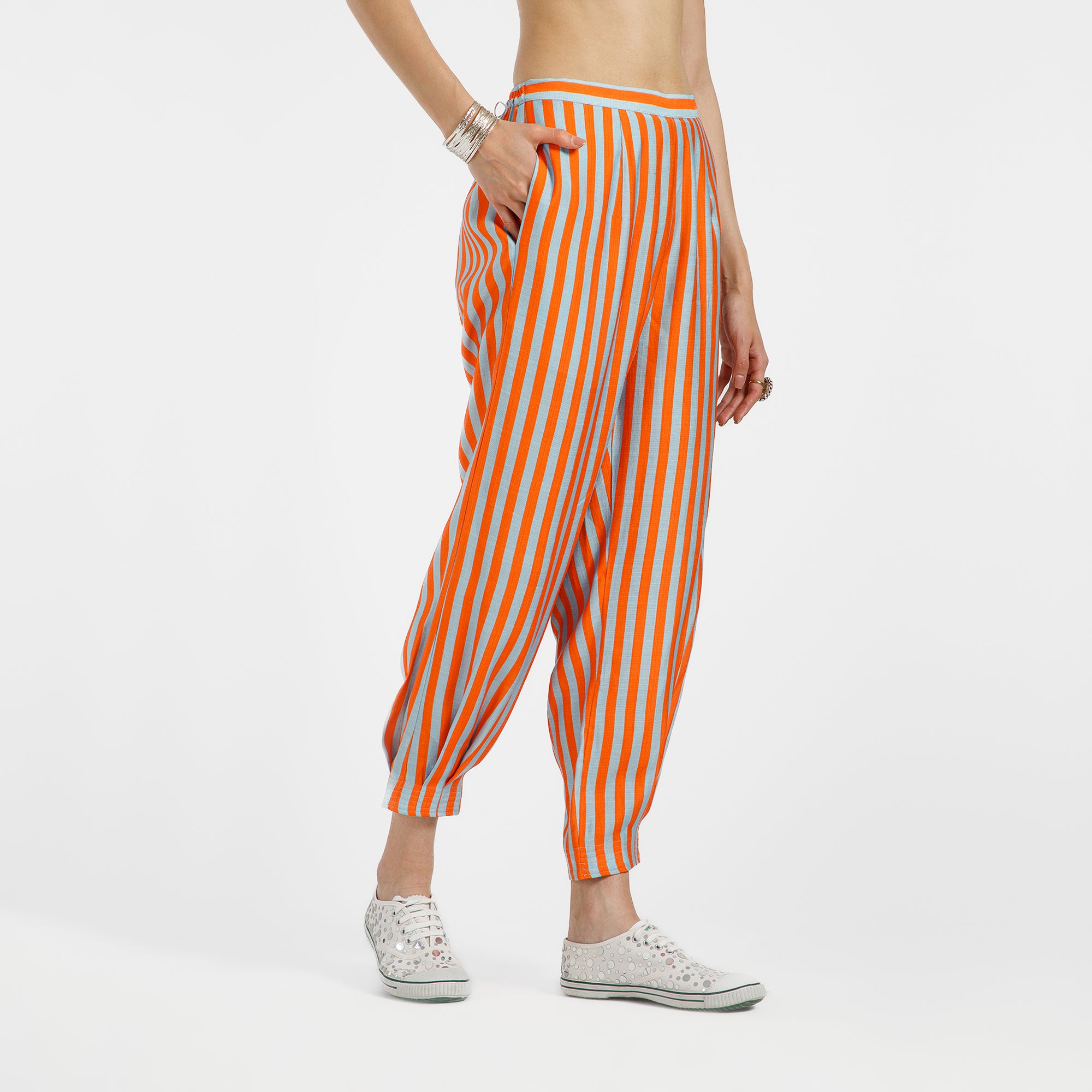 Orange And Blue Line Print Viscose Pleated Plazzo