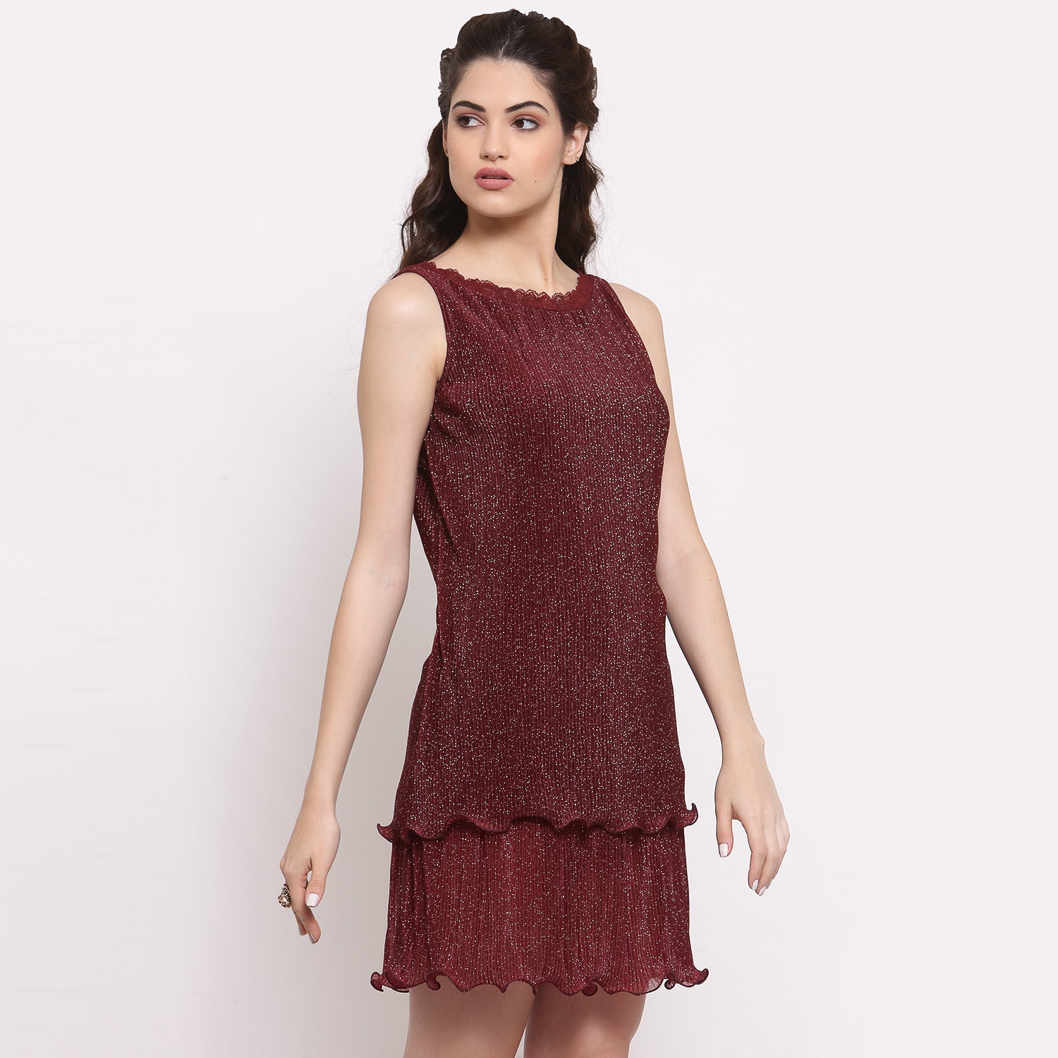 Maroon Plisse Double Layered Dress