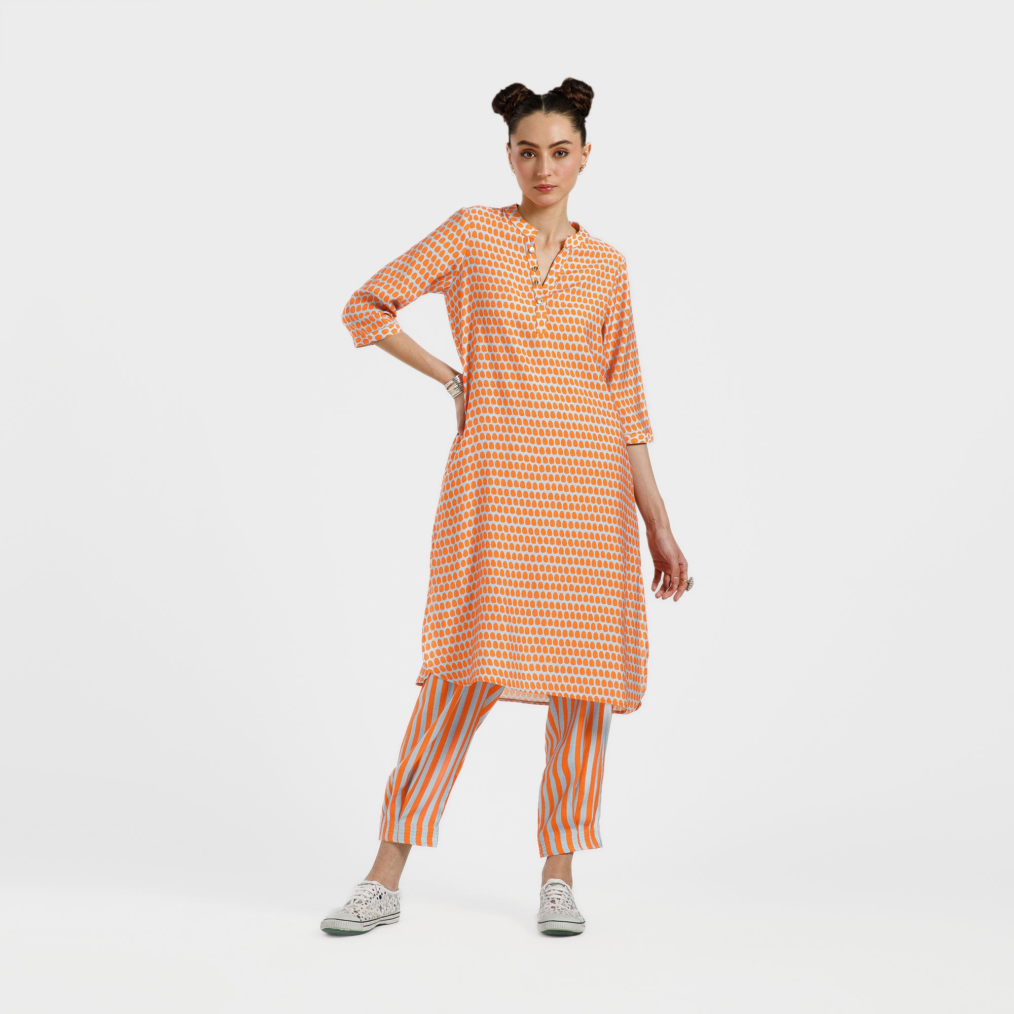 Orange And Blue Drop Print Viscose Kurta