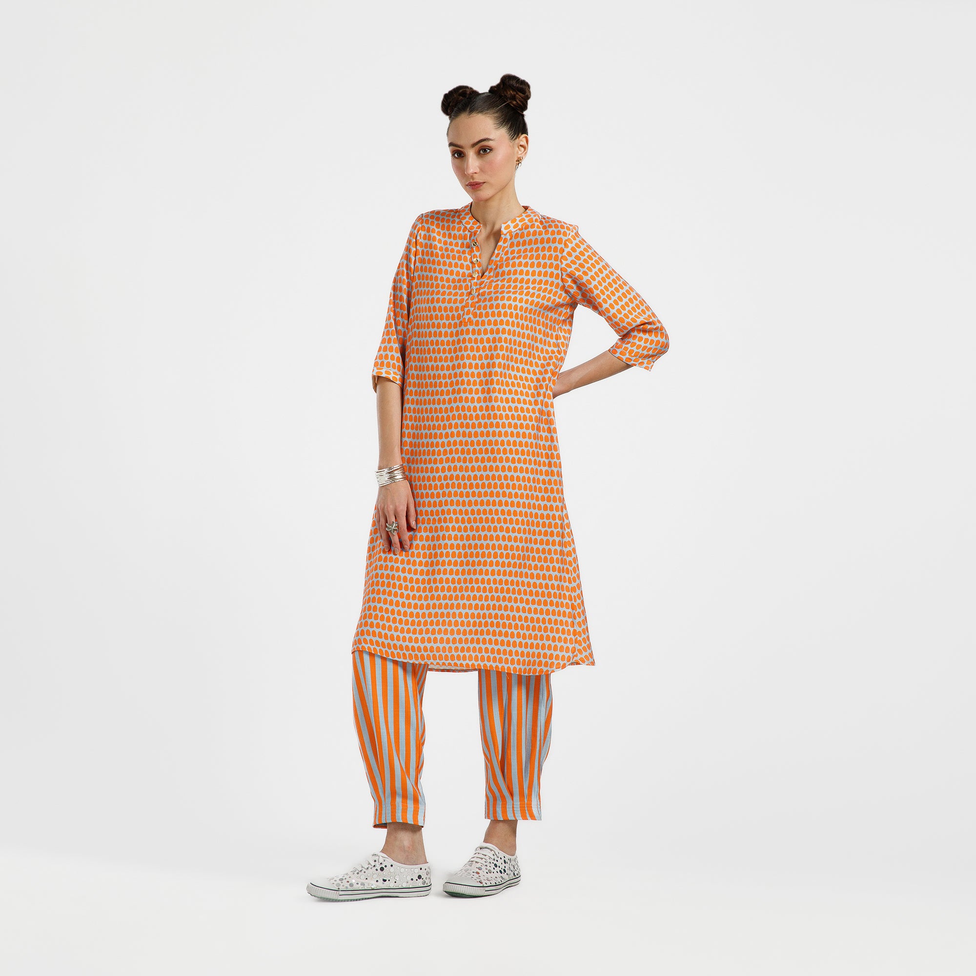 Orange And Blue Drop Print Viscose Kurta