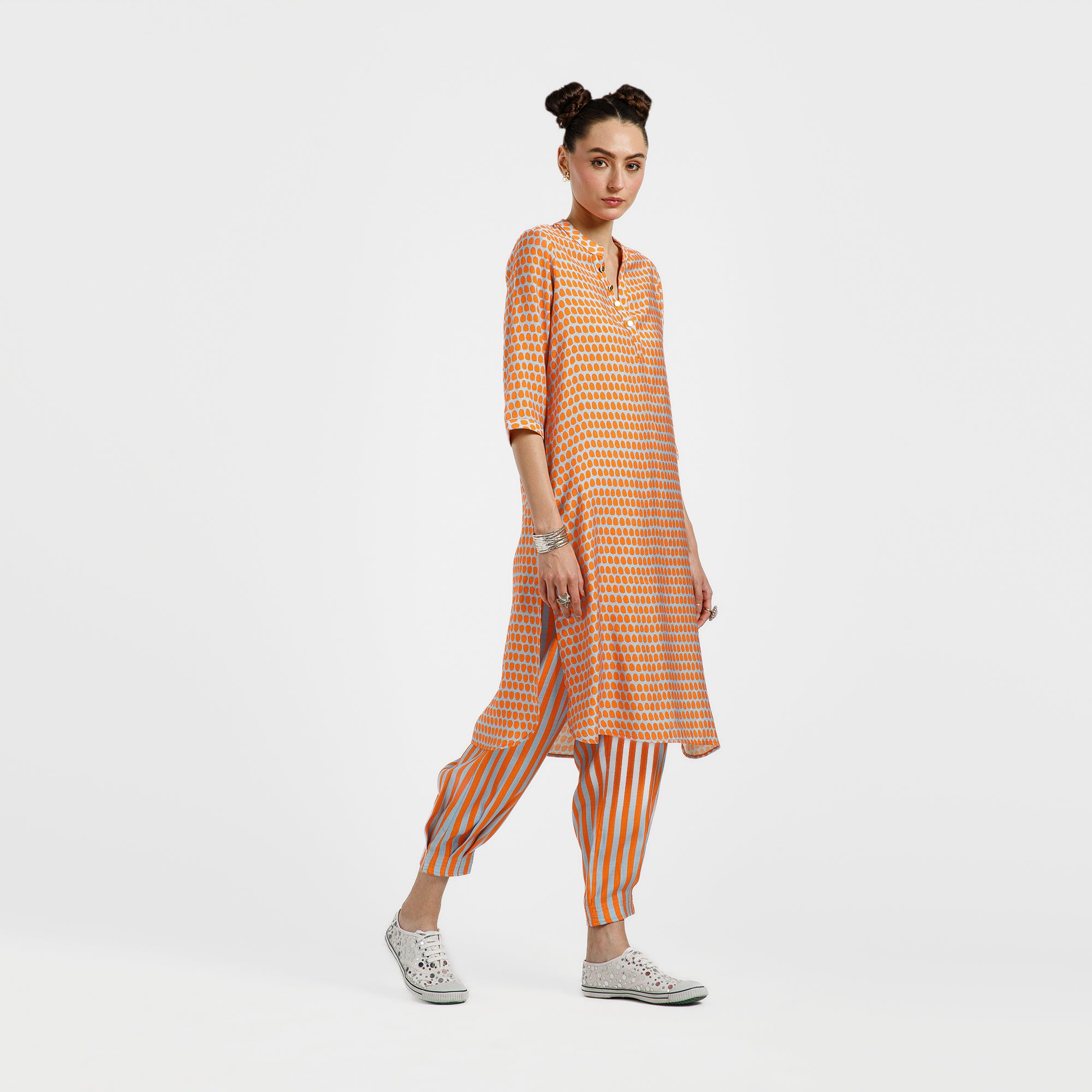 Orange And Blue Drop Print Viscose Kurta