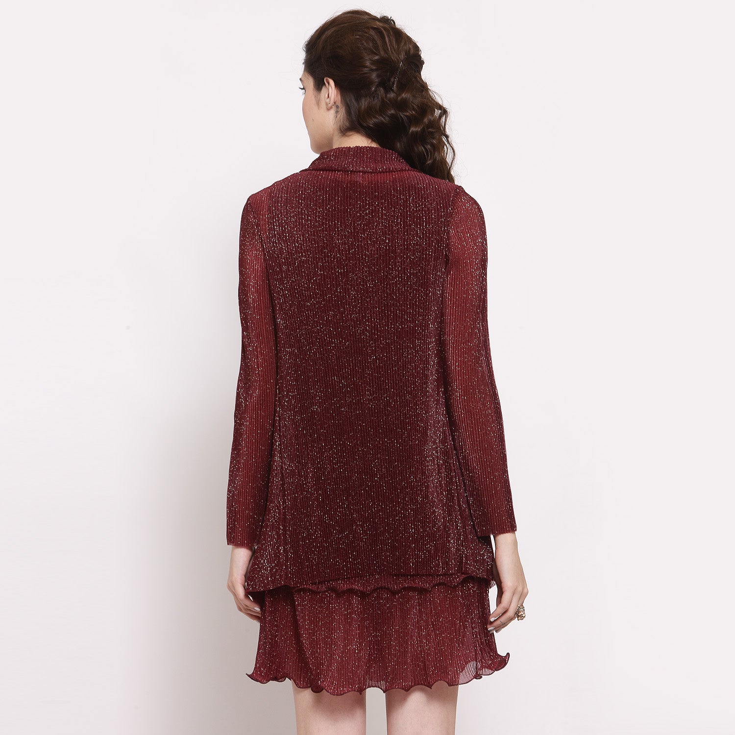 Maroon Plisse Short Drape Jacket With Sleeve