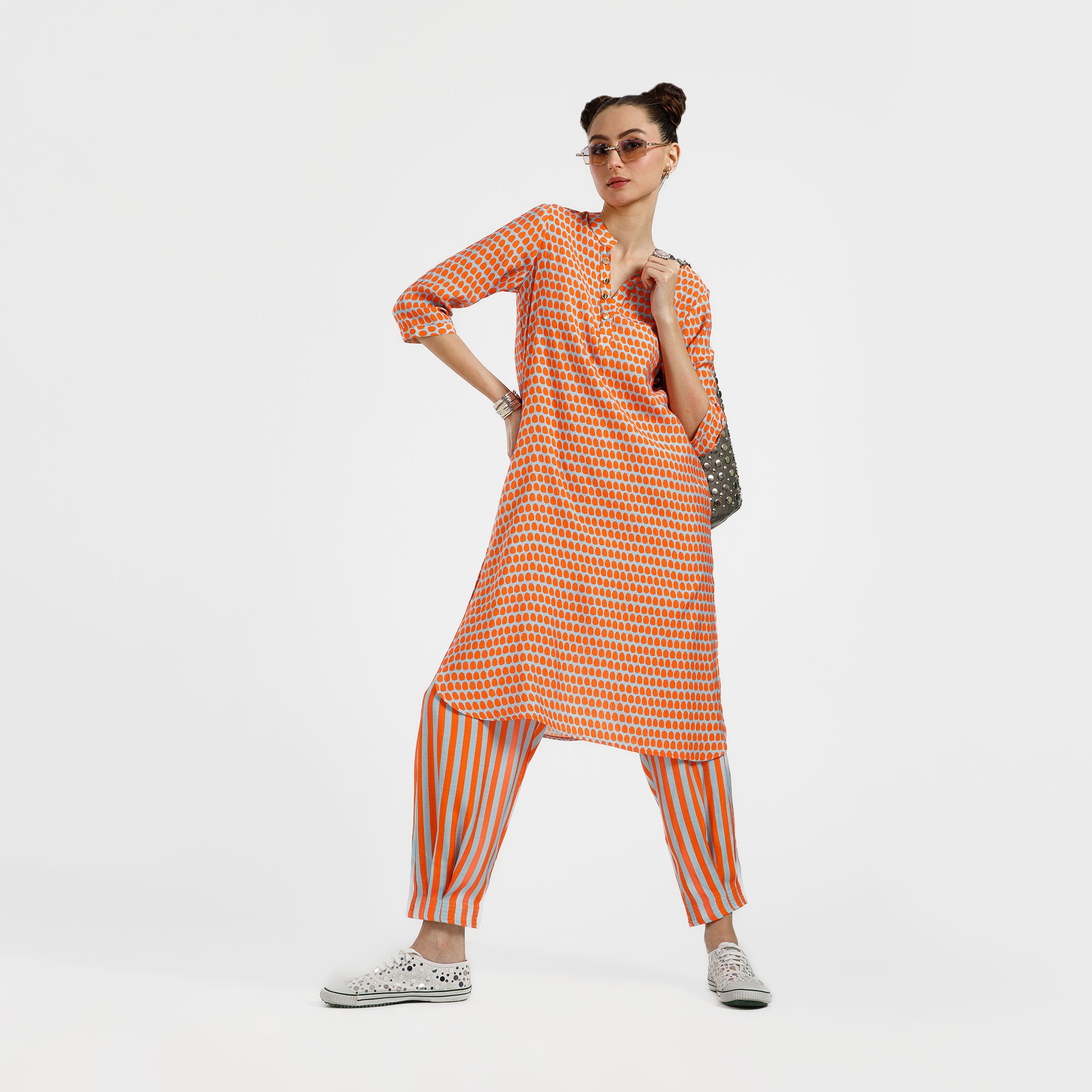 Orange And Blue Line Print Viscose Pleated Plazzo