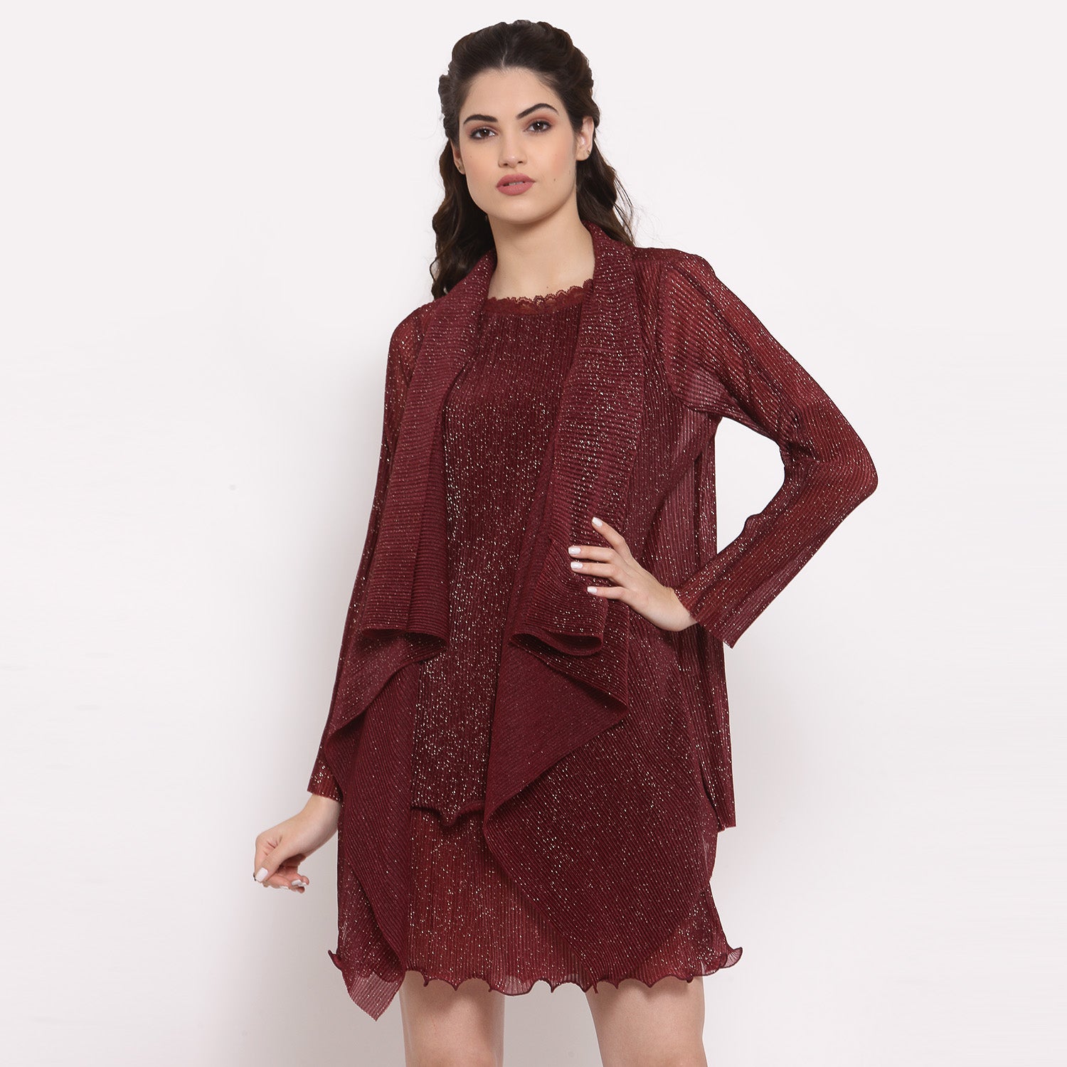 Maroon Plisse Short Drape Jacket With Sleeve