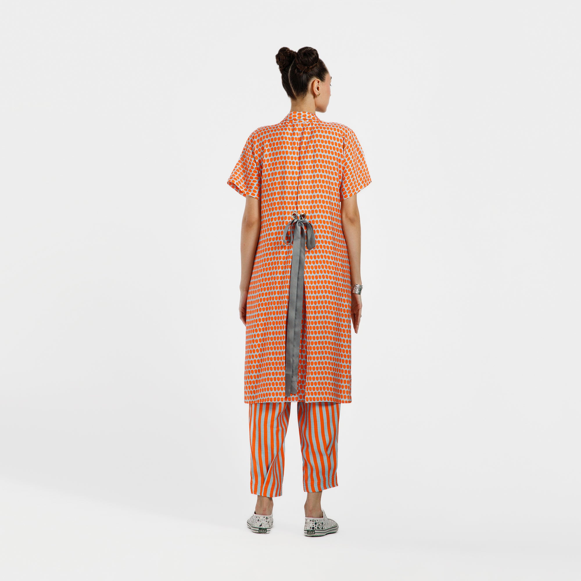 Orange And Blue Drop Print Viscose Kurta With Belt
