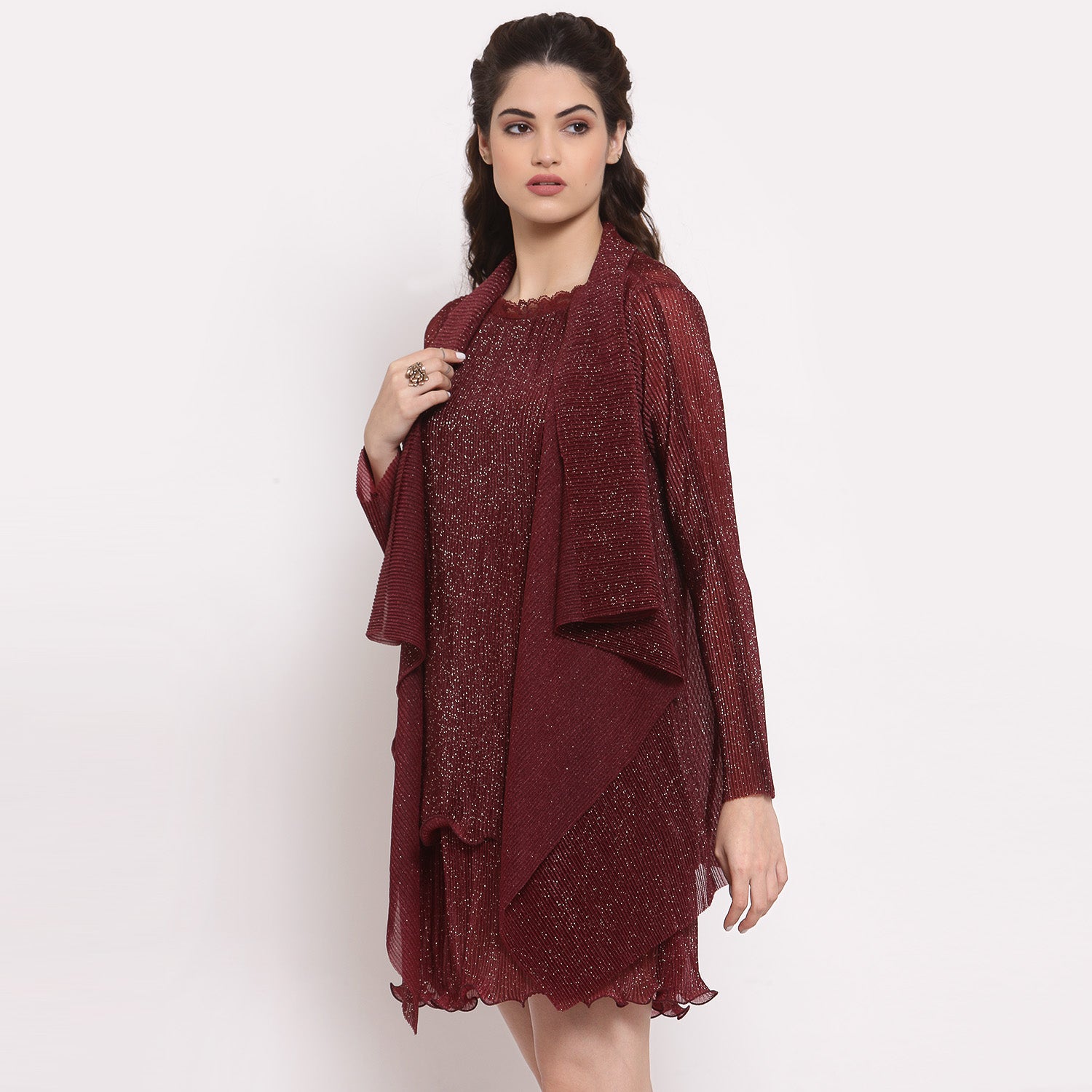 Maroon Plisse Short Drape Jacket With Sleeve