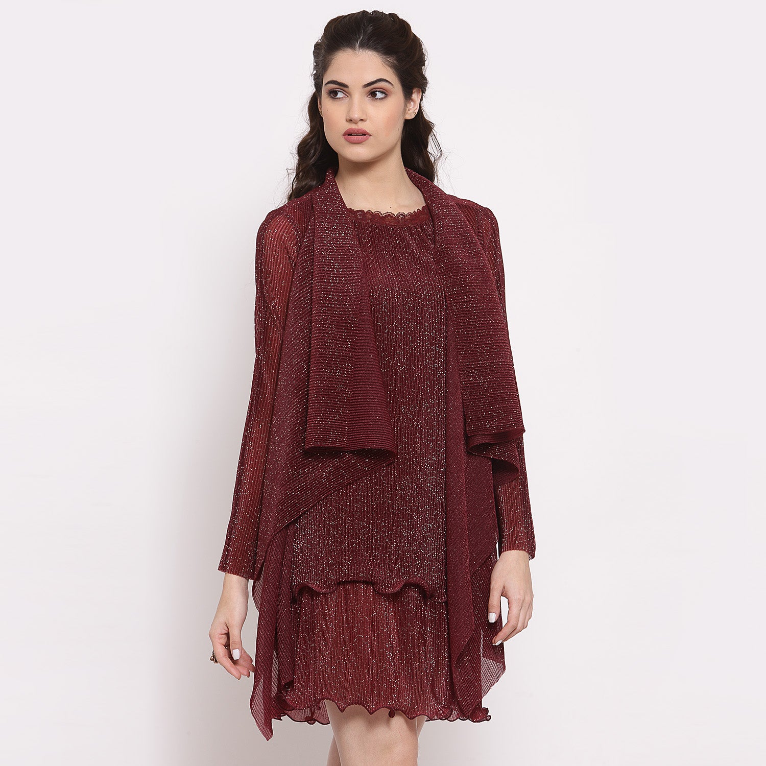 Maroon Plisse Short Drape Jacket With Sleeve