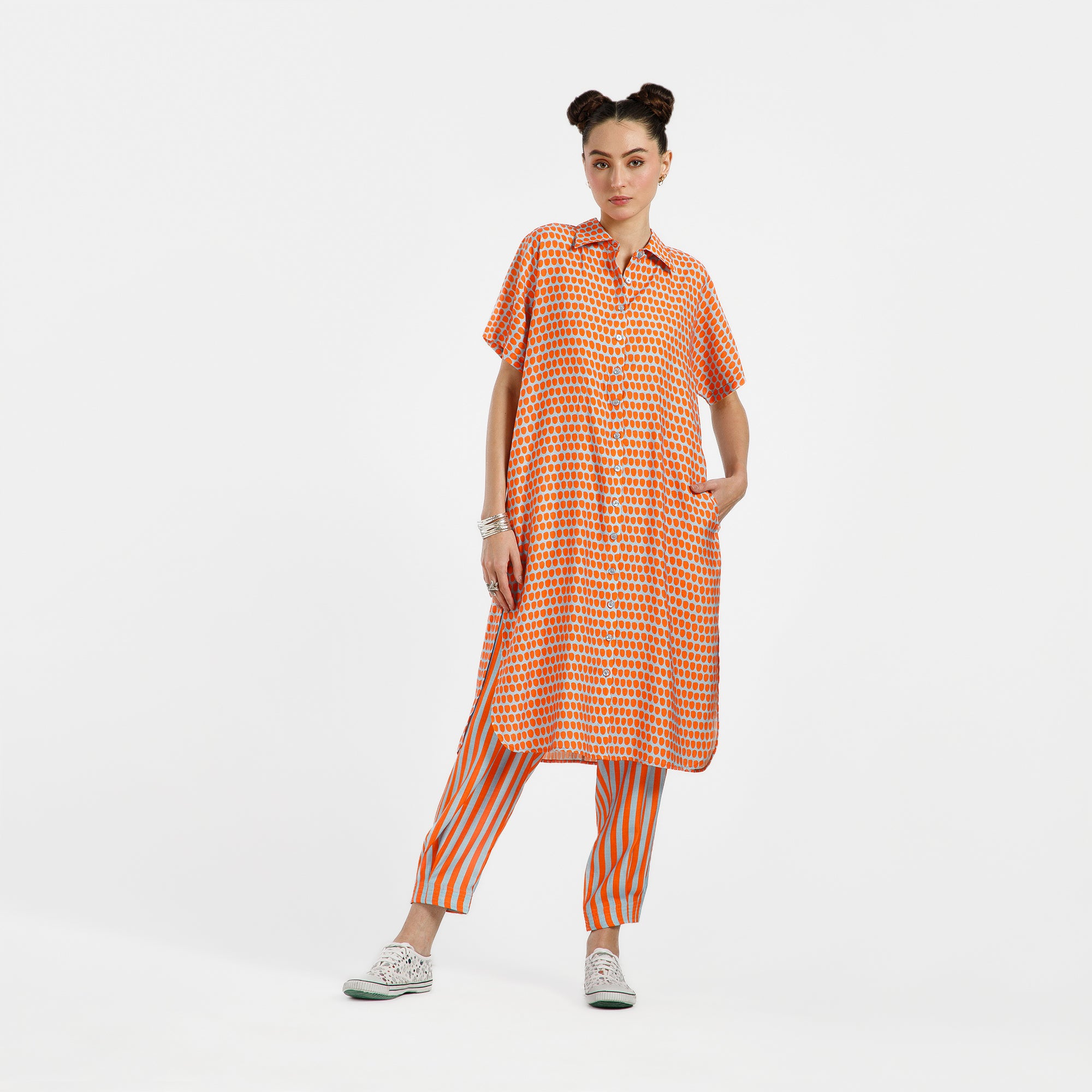 Orange And Blue Drop Print Viscose Kurta With Belt