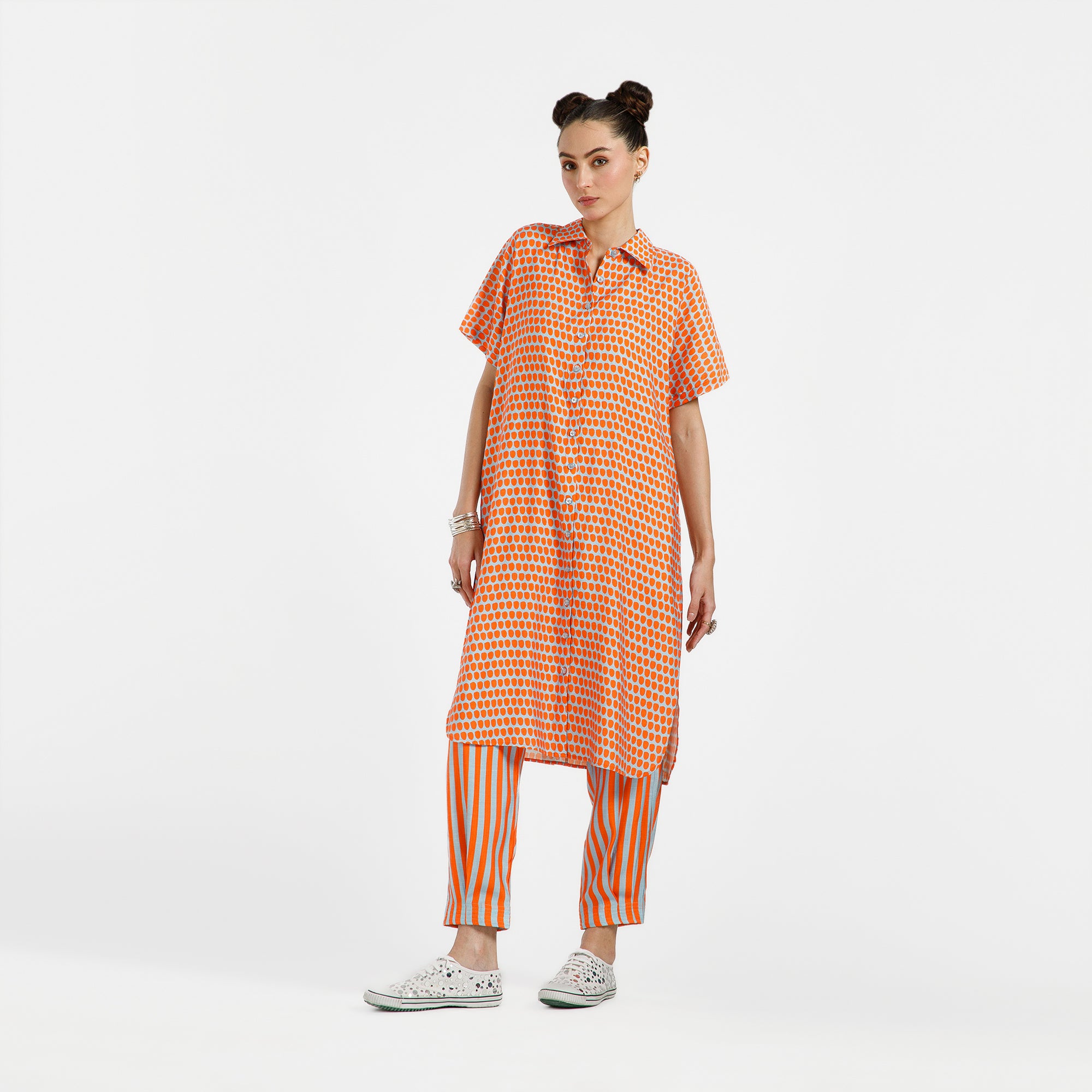 Orange And Blue Drop Print Viscose Kurta With Belt