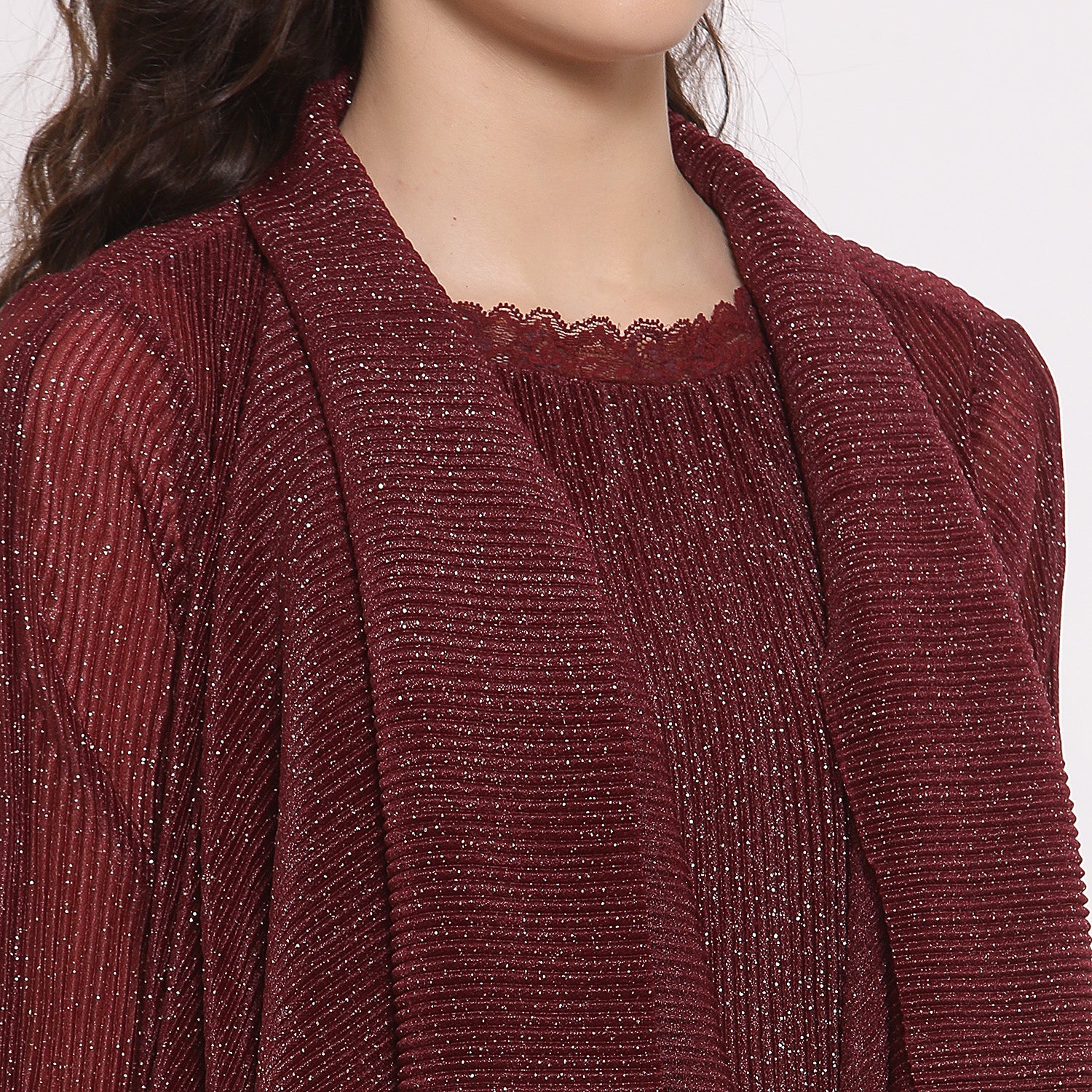 Maroon Plisse Short Drape Jacket With Sleeve