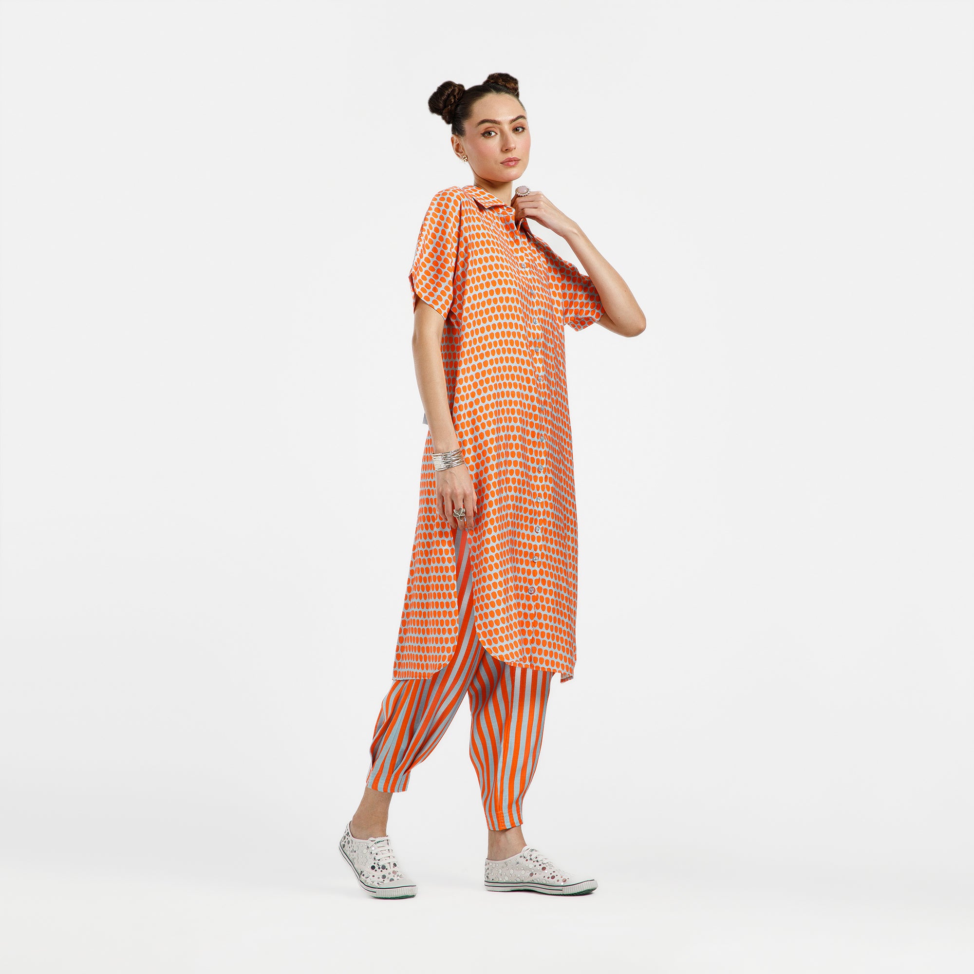 Orange And Blue Drop Print Viscose Kurta With Belt
