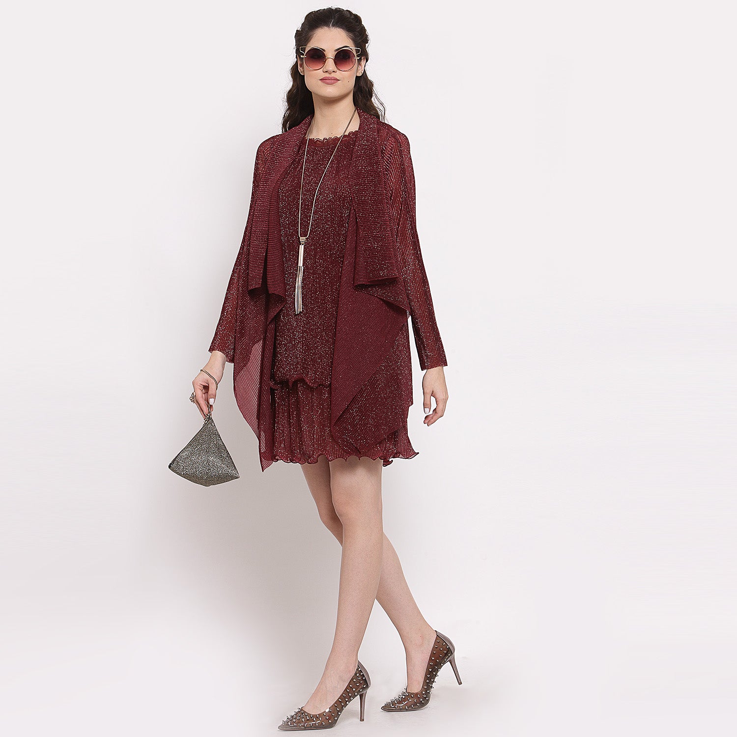 Maroon Plisse Short Drape Jacket With Sleeve