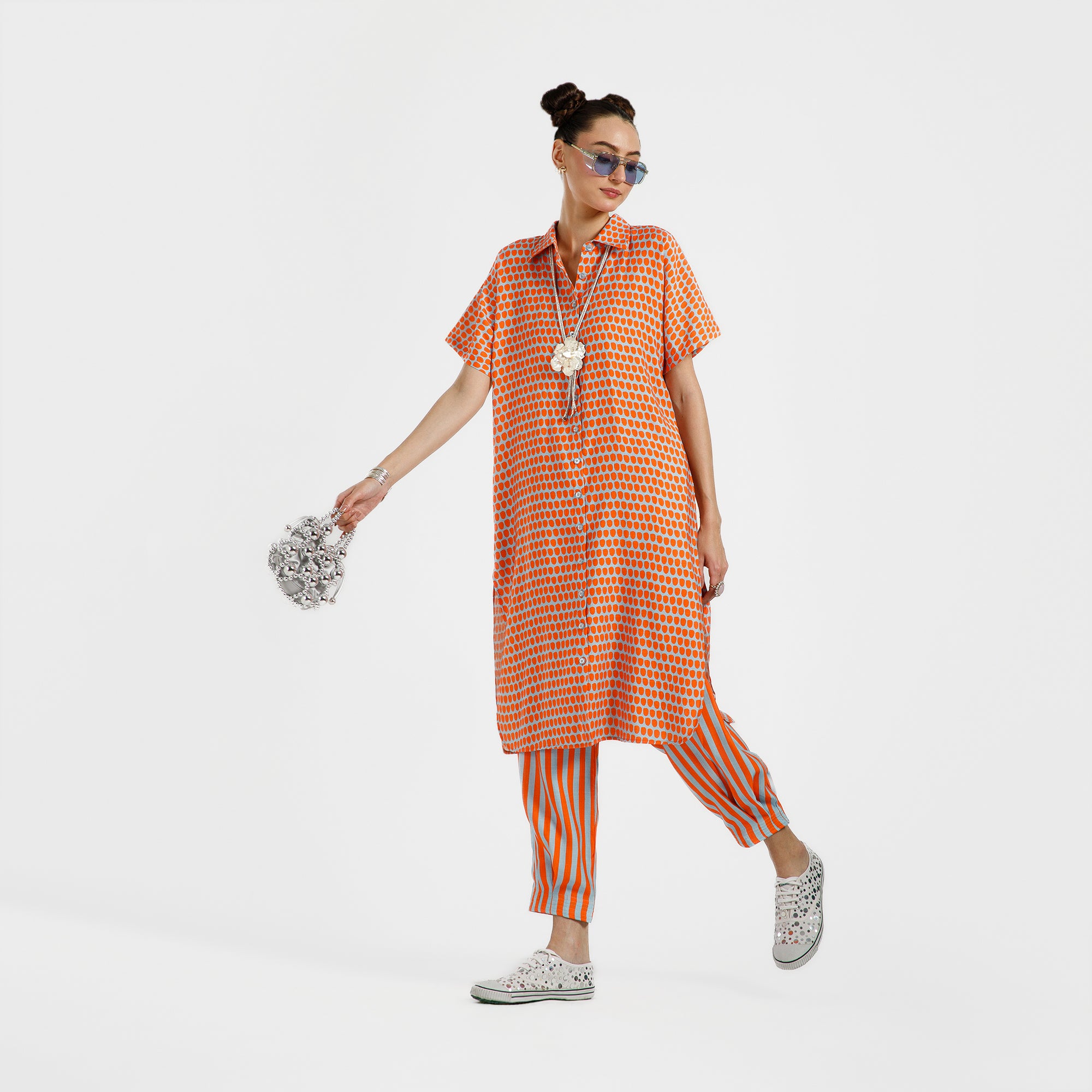 Orange And Blue Drop Print Viscose Kurta With Belt