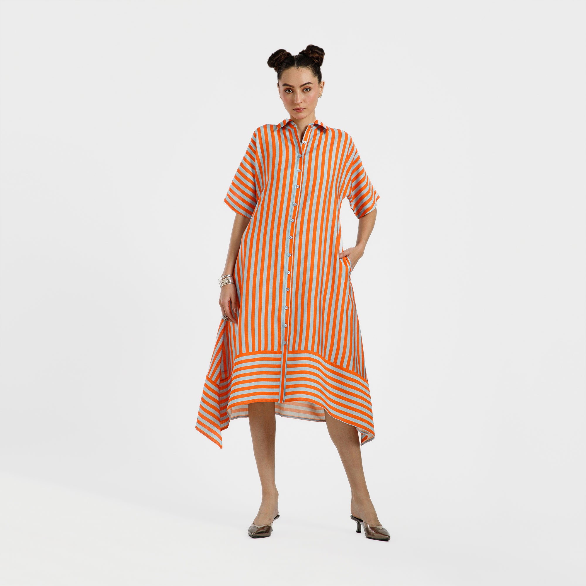 Orange And Blue A-Line Viscose Print Dress