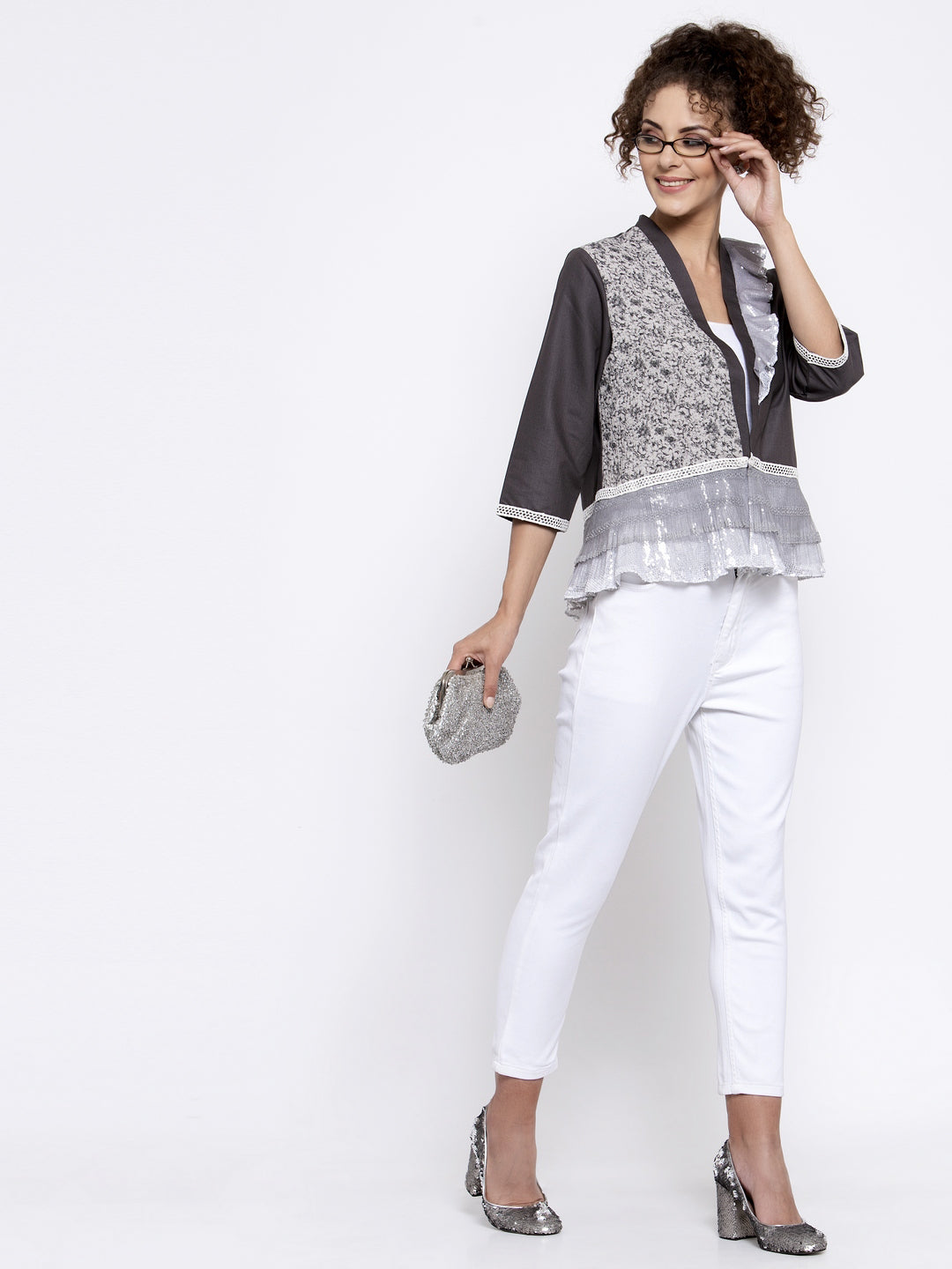 Grey Mix & Match Jacket With Sequins Frill At Shoulder