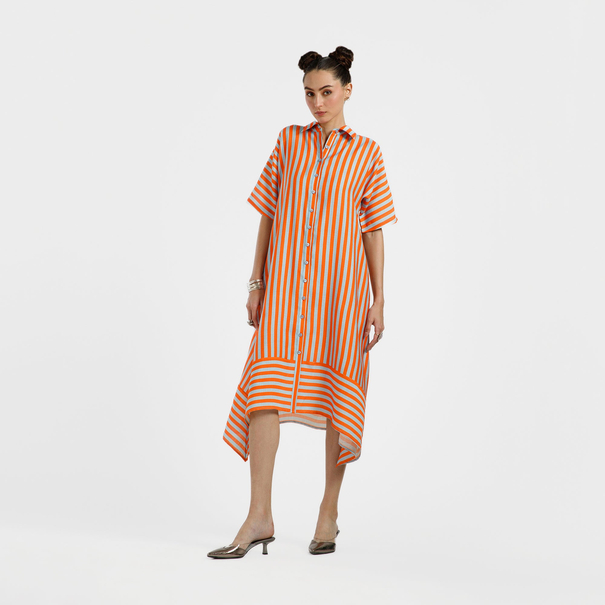 Orange And Blue A-Line Viscose Print Dress