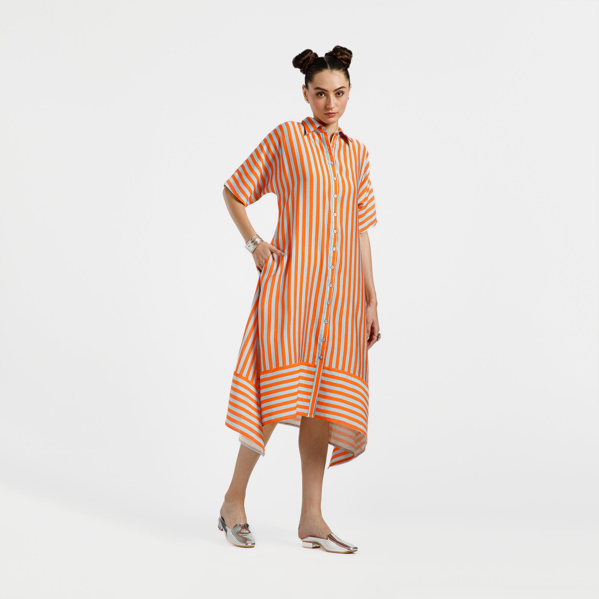 Orange And Blue A-Line Viscose Print Dress