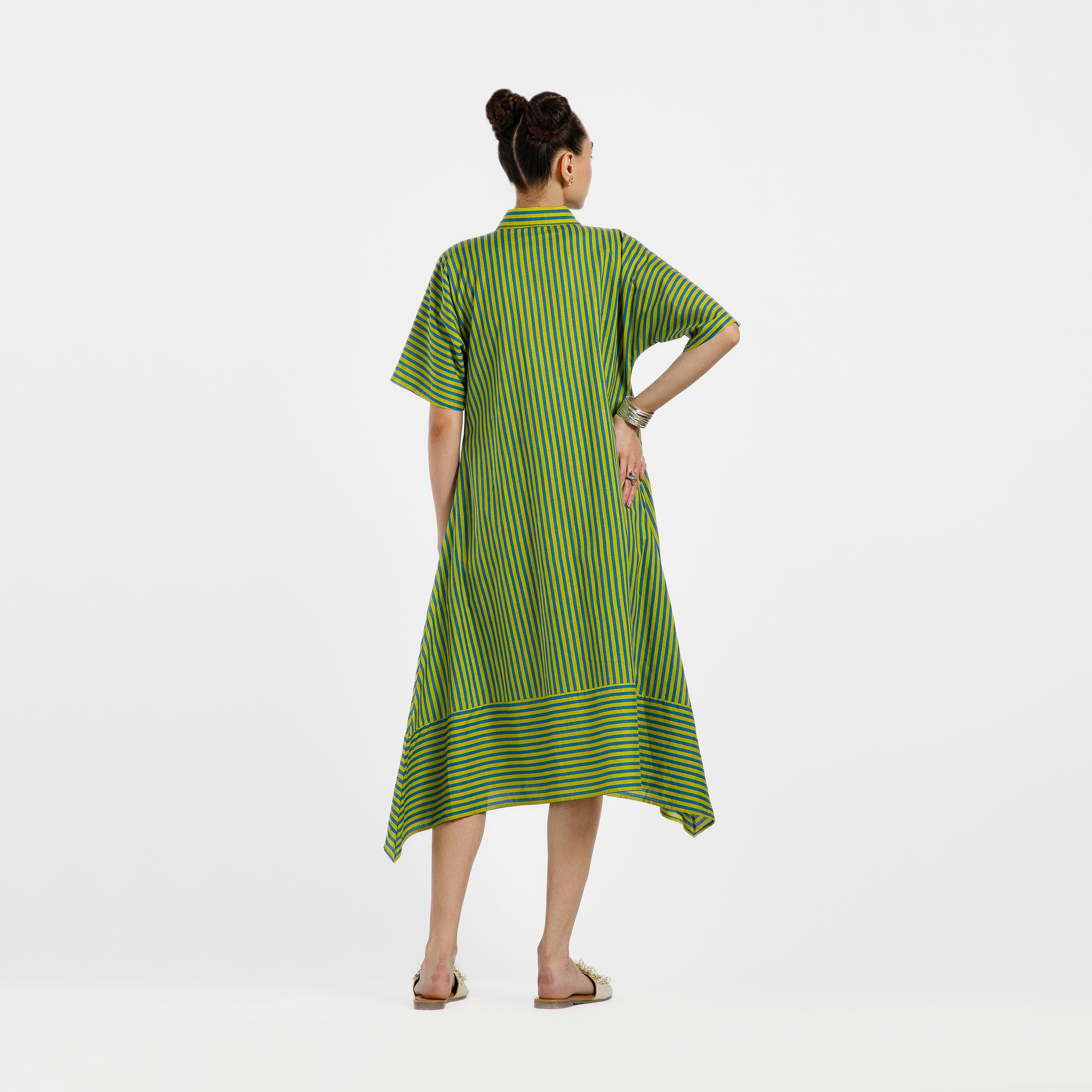 Green And Blue Line Printed Cotton Dress