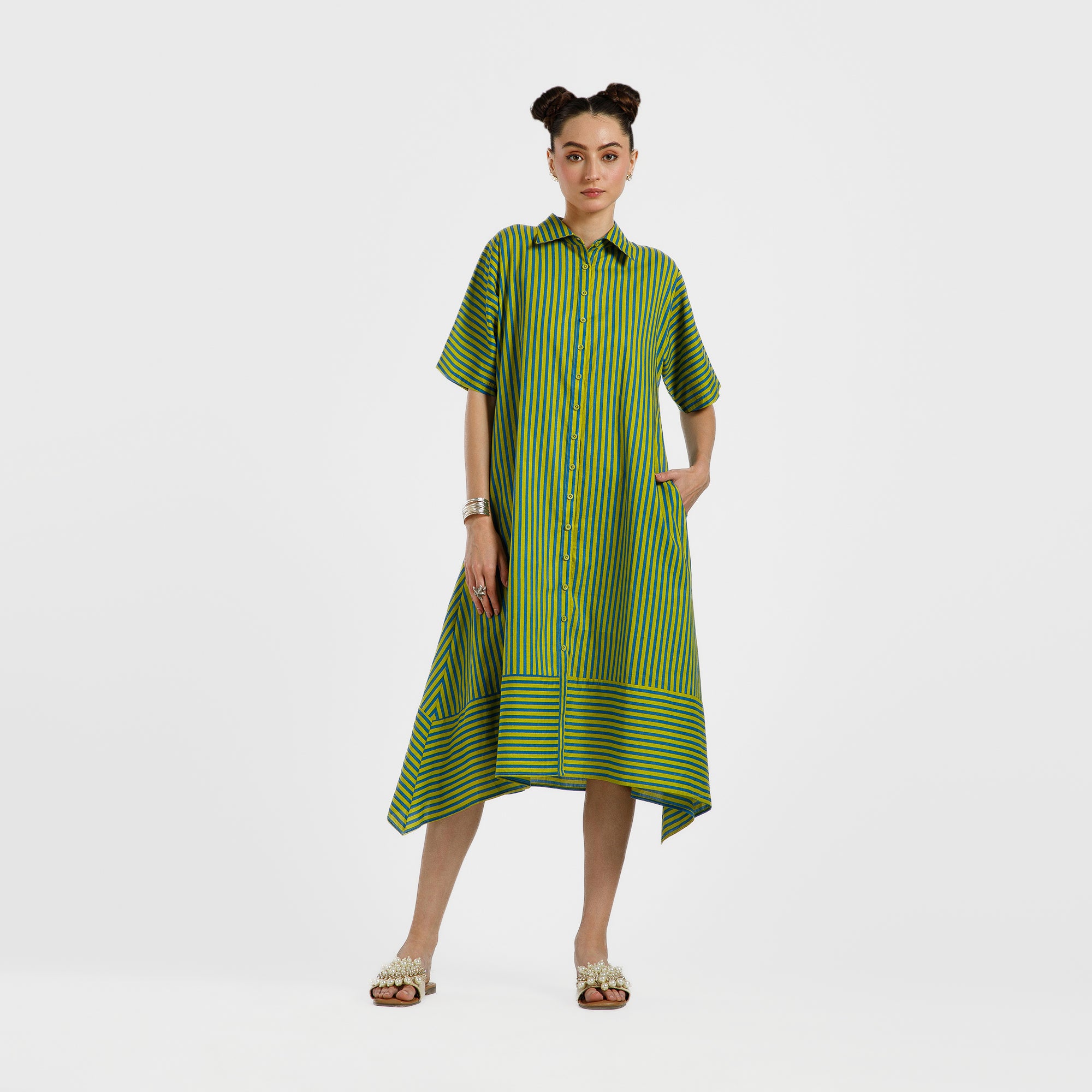 Green And Blue Line Printed Cotton Dress