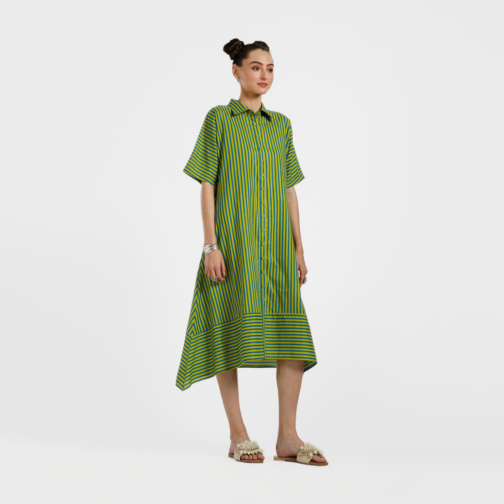 Green And Blue Line Printed Cotton Dress