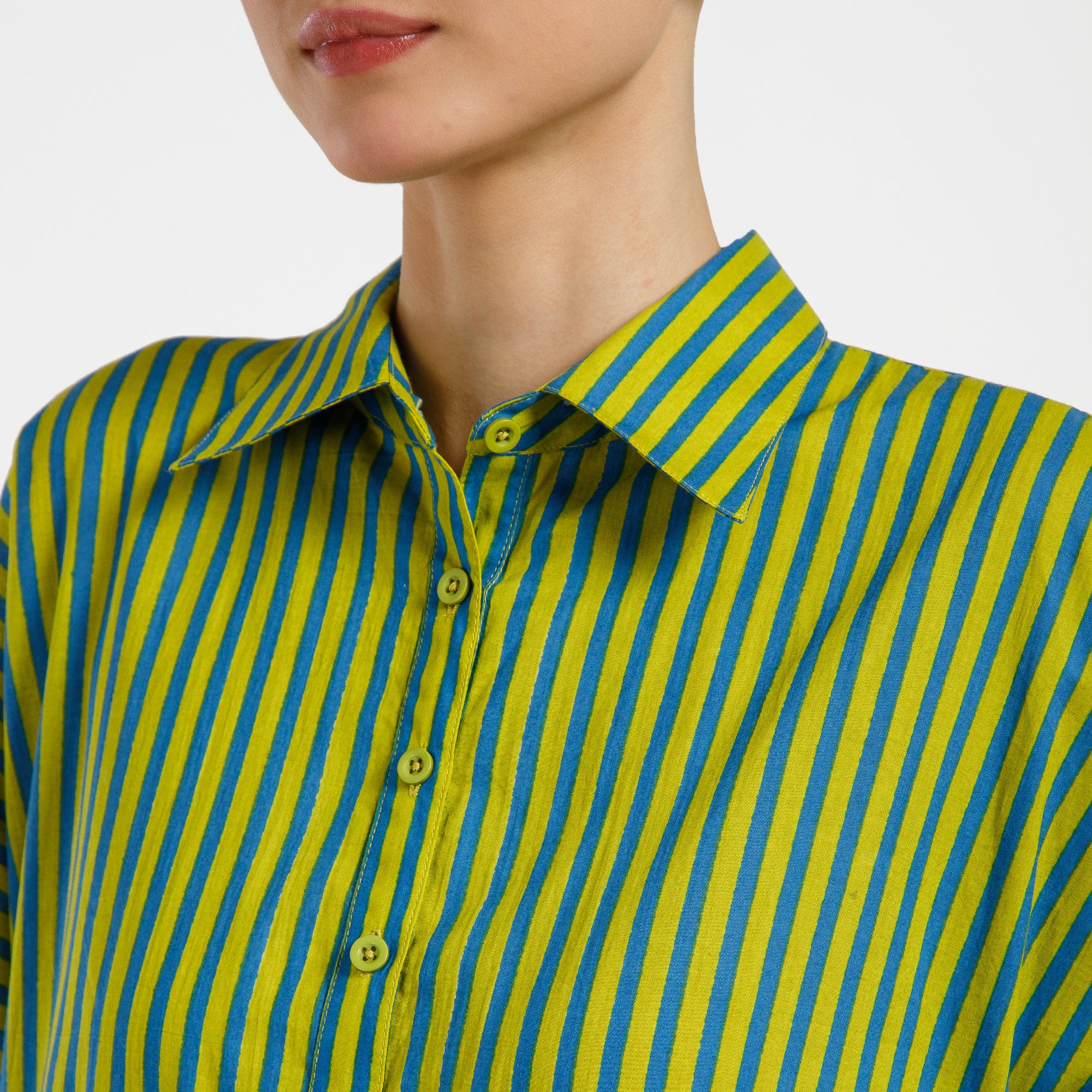 Green And Blue Line Printed Cotton Dress