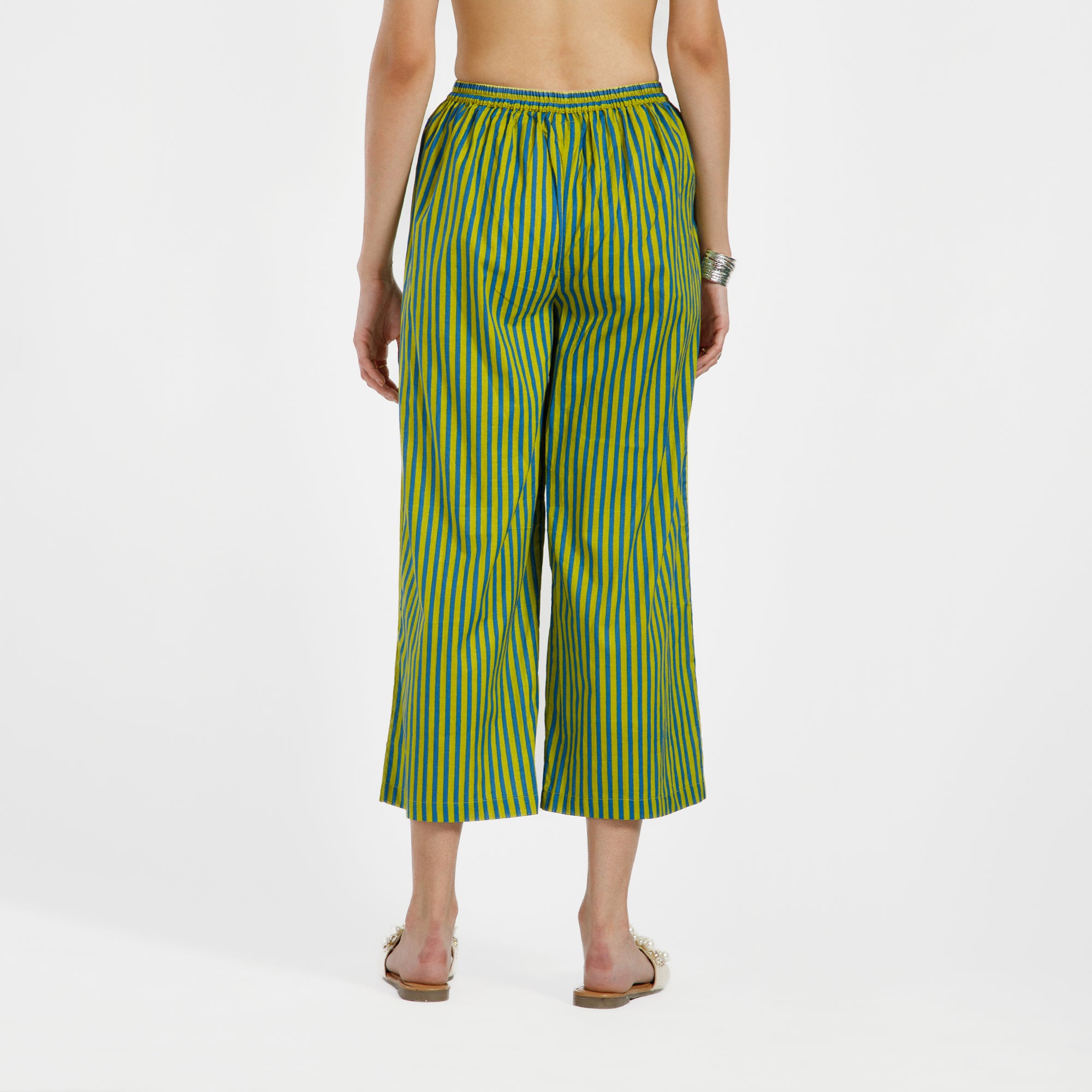 Green And Blue Line Printed Cotton Plazzo