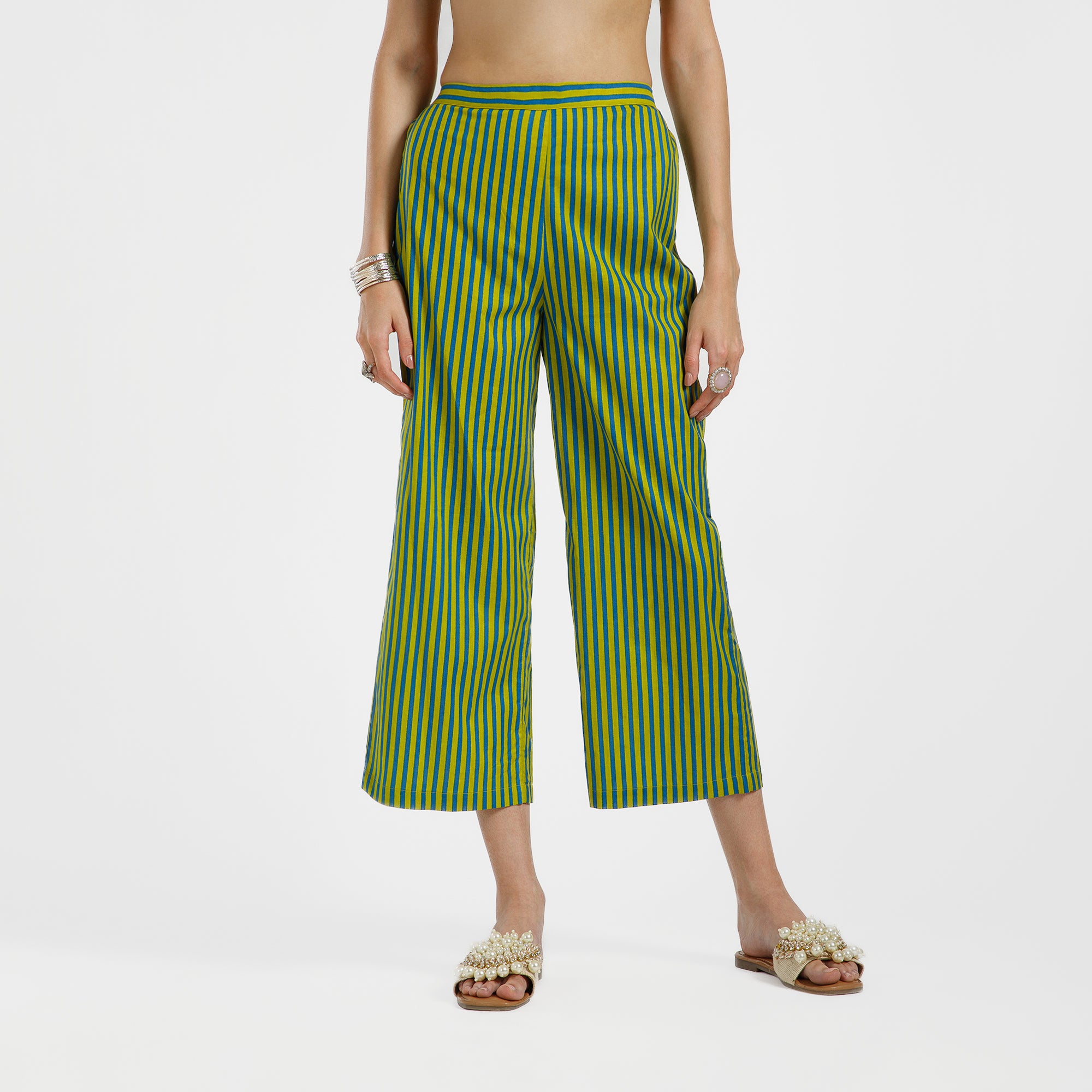 Green And Blue Line Printed Cotton Plazzo