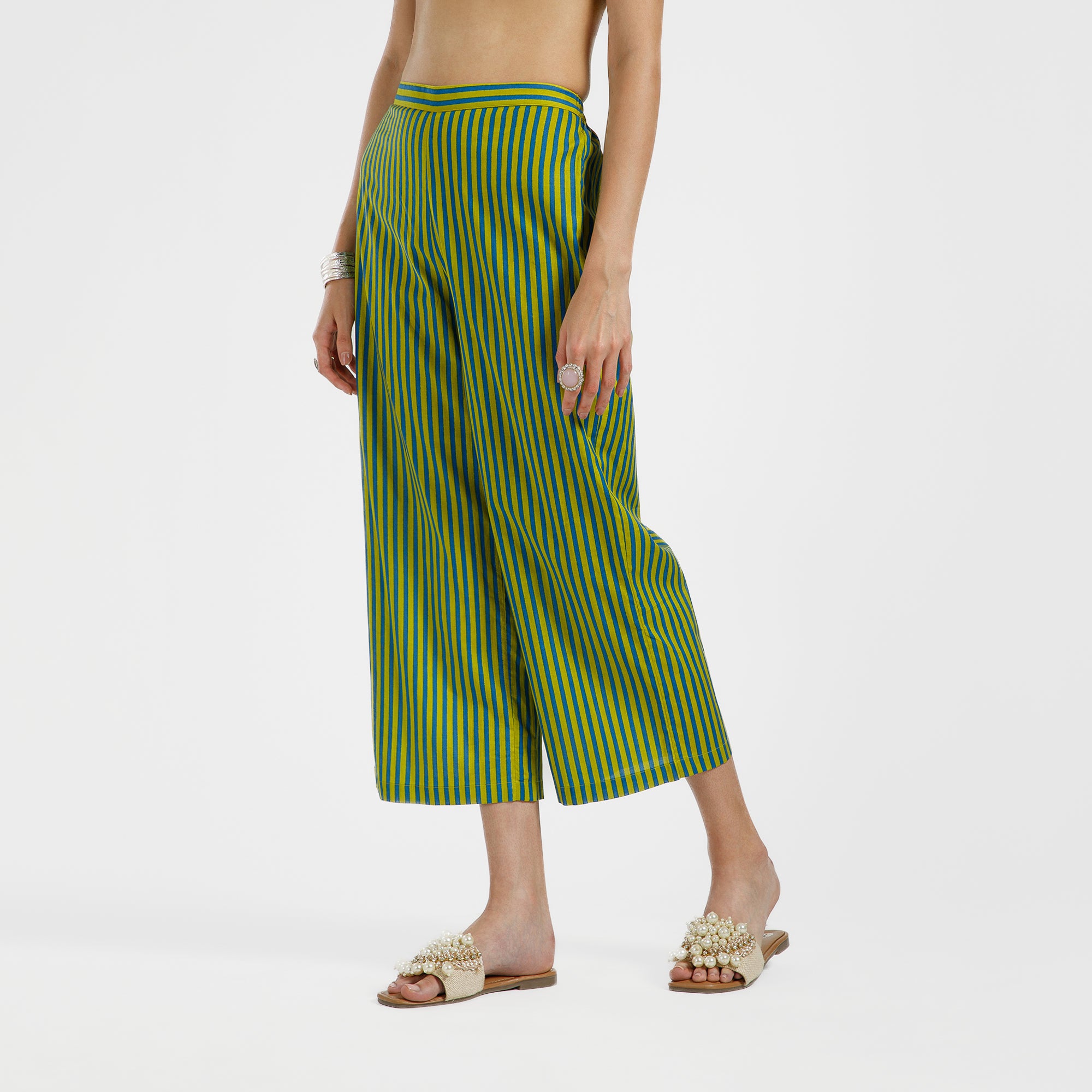 Green And Blue Line Printed Cotton Plazzo