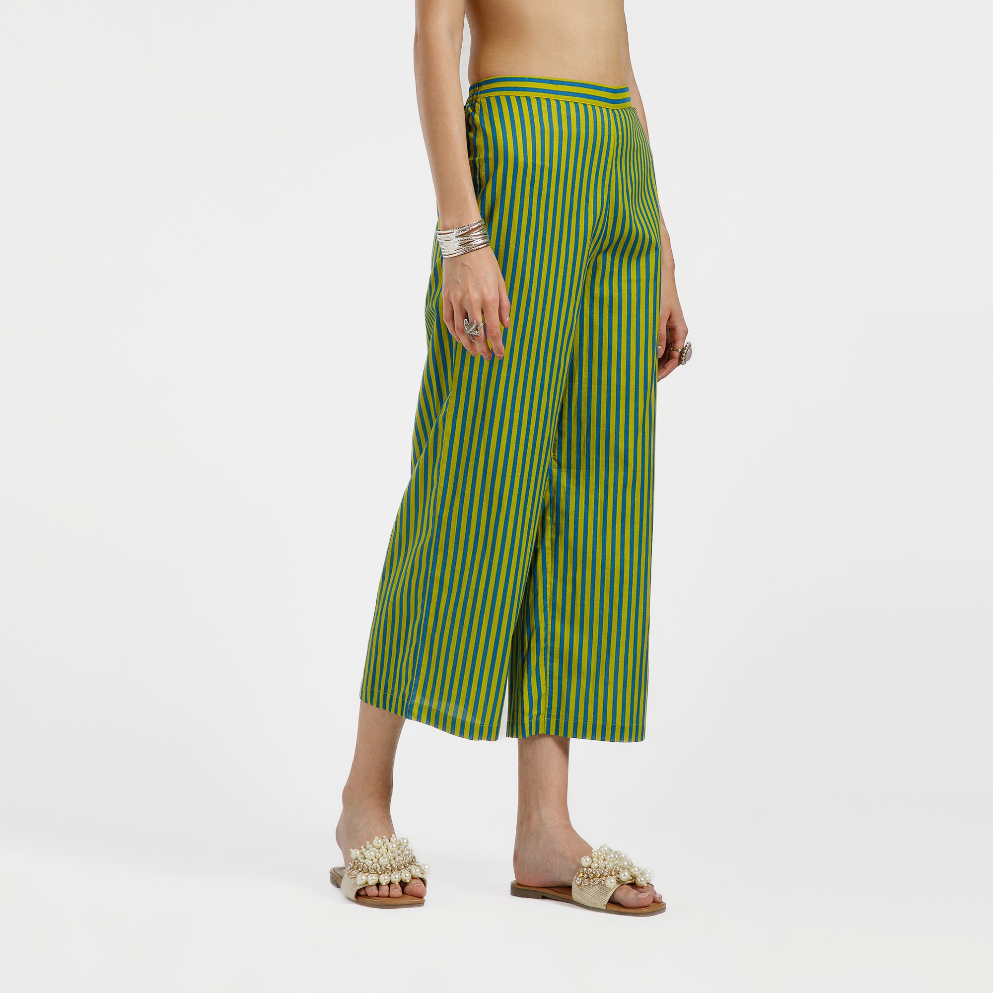 Green And Blue Line Printed Cotton Plazzo