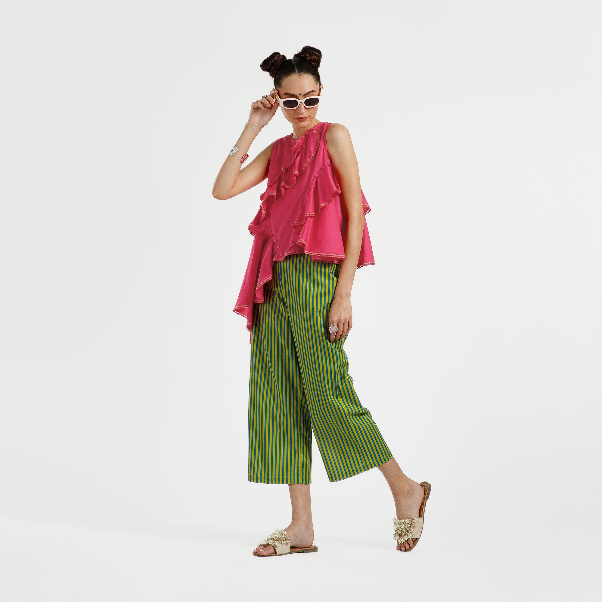 Green And Blue Line Printed Cotton Plazzo