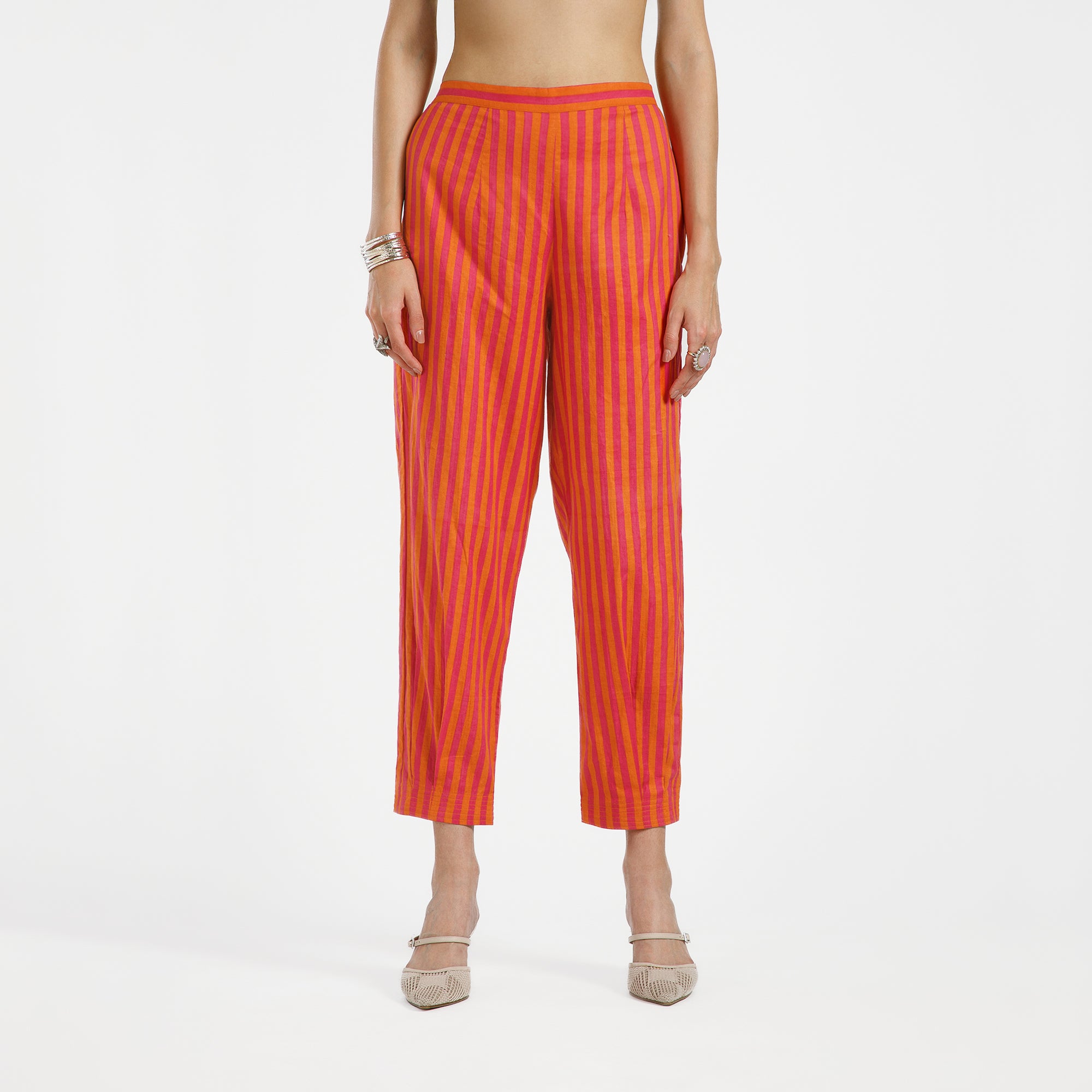 Orange And Pink Line Cotton Pleated Plazzo