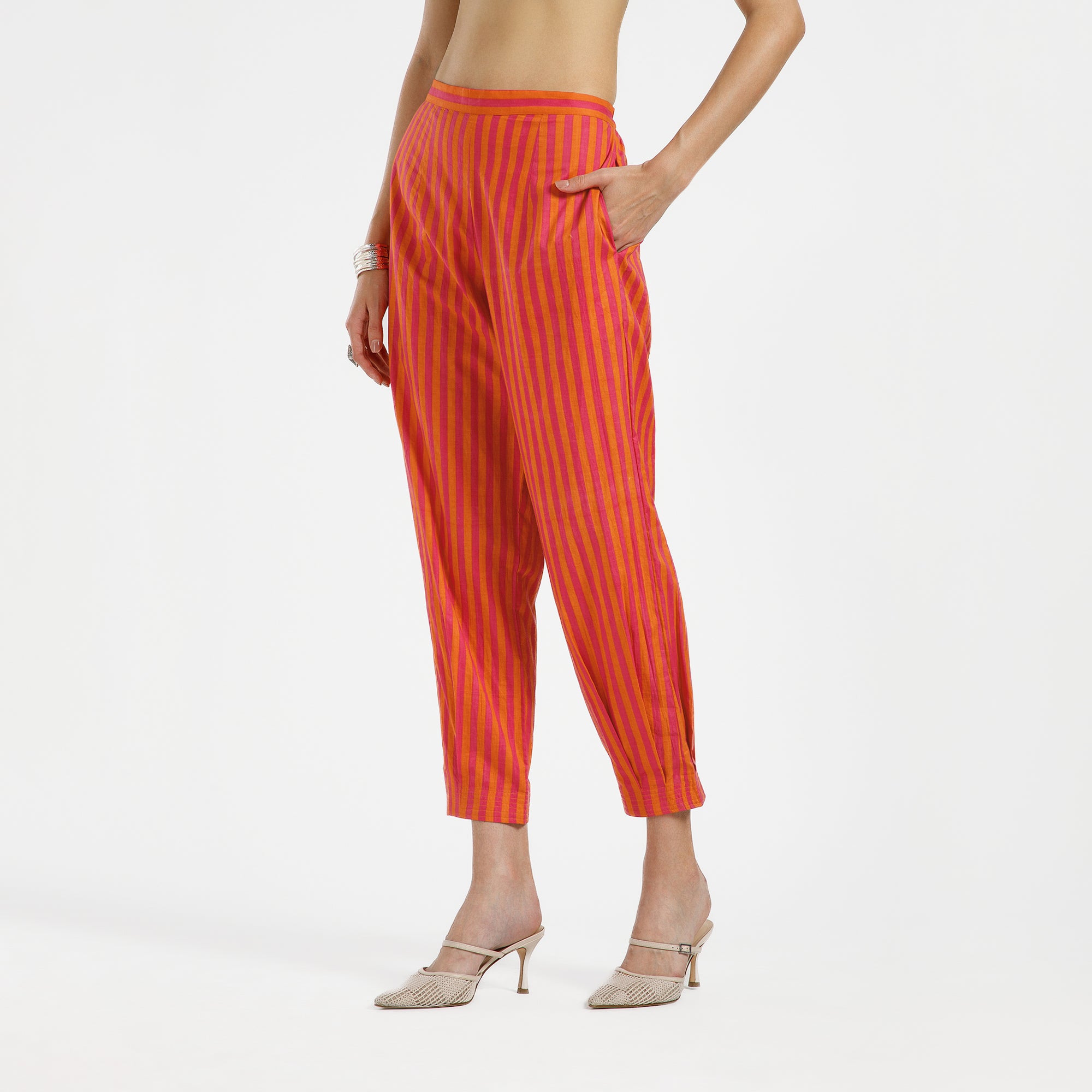 Orange And Pink Line Cotton Pleated Plazzo