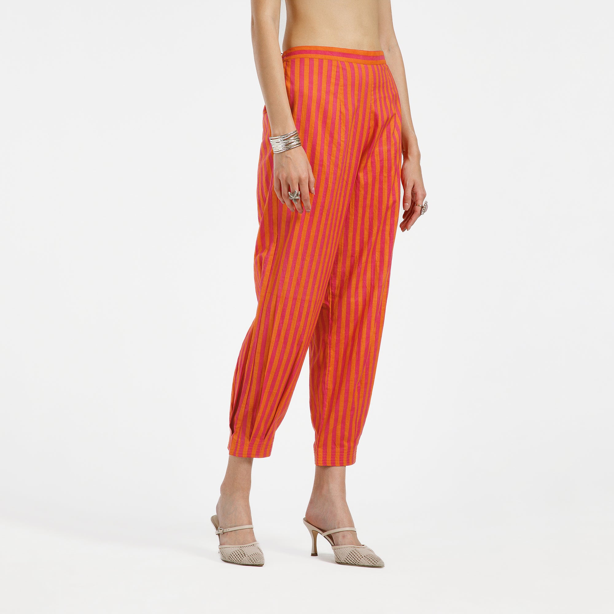 Orange And Pink Line Cotton Pleated Plazzo