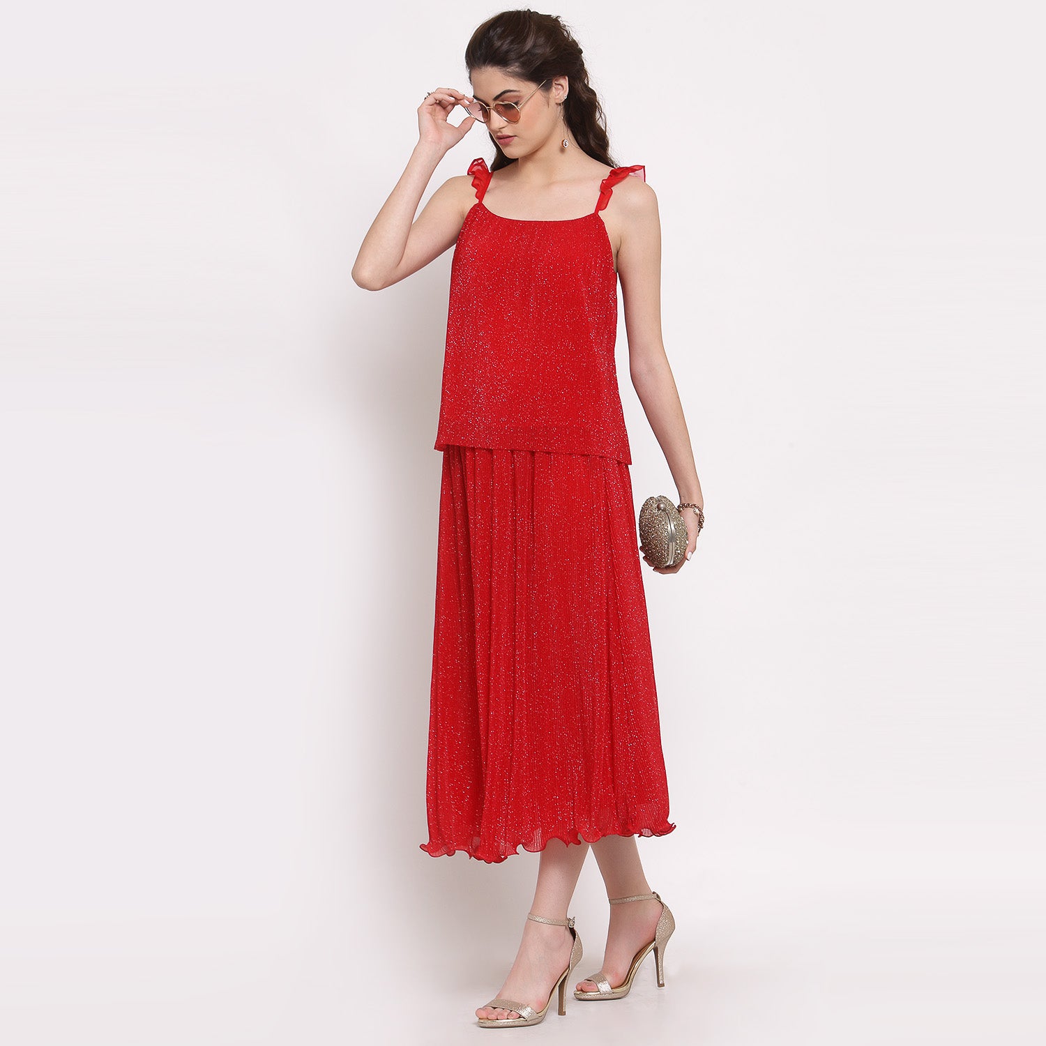 Red Plisse Long Skirt