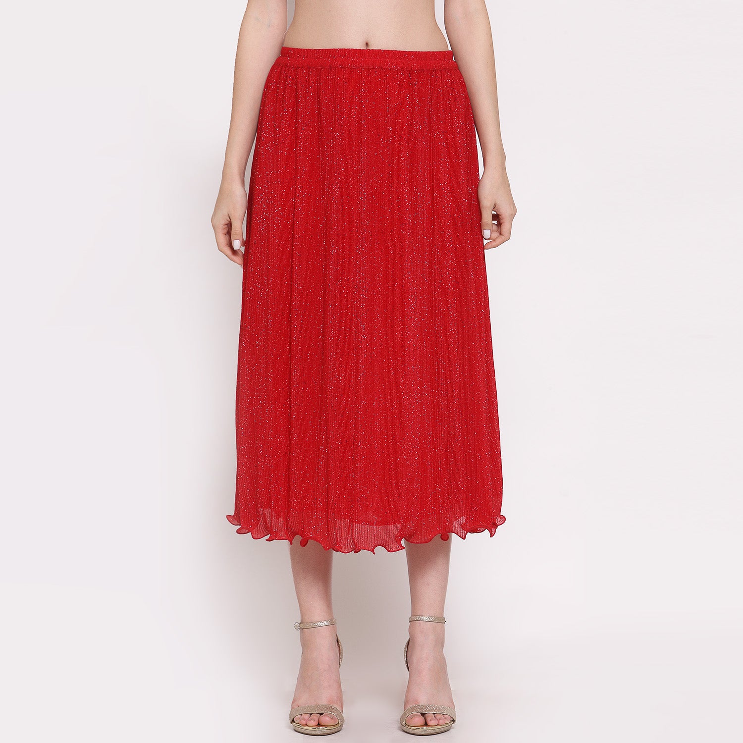 Red Plisse Long Skirt